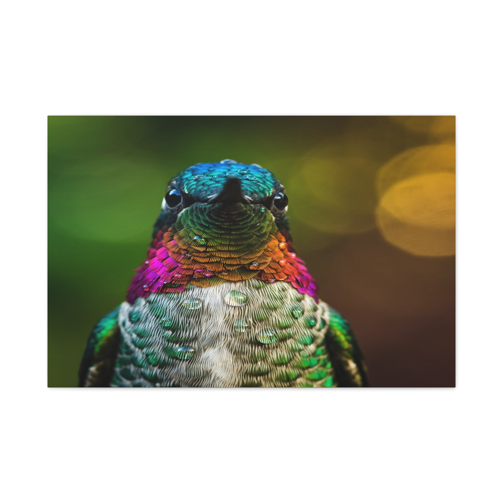 Iridescent Whispers: Hummingbird in Vibrant Plumage, Close-Up Nature Photography - L’Art Suprême Canvas