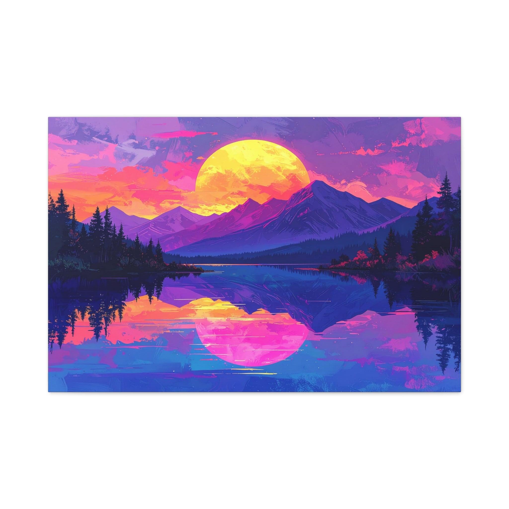 Twilight Symmetry: Neon Mountain Landscape, Vaporwave Digital Art - L’Art Suprême Canvas