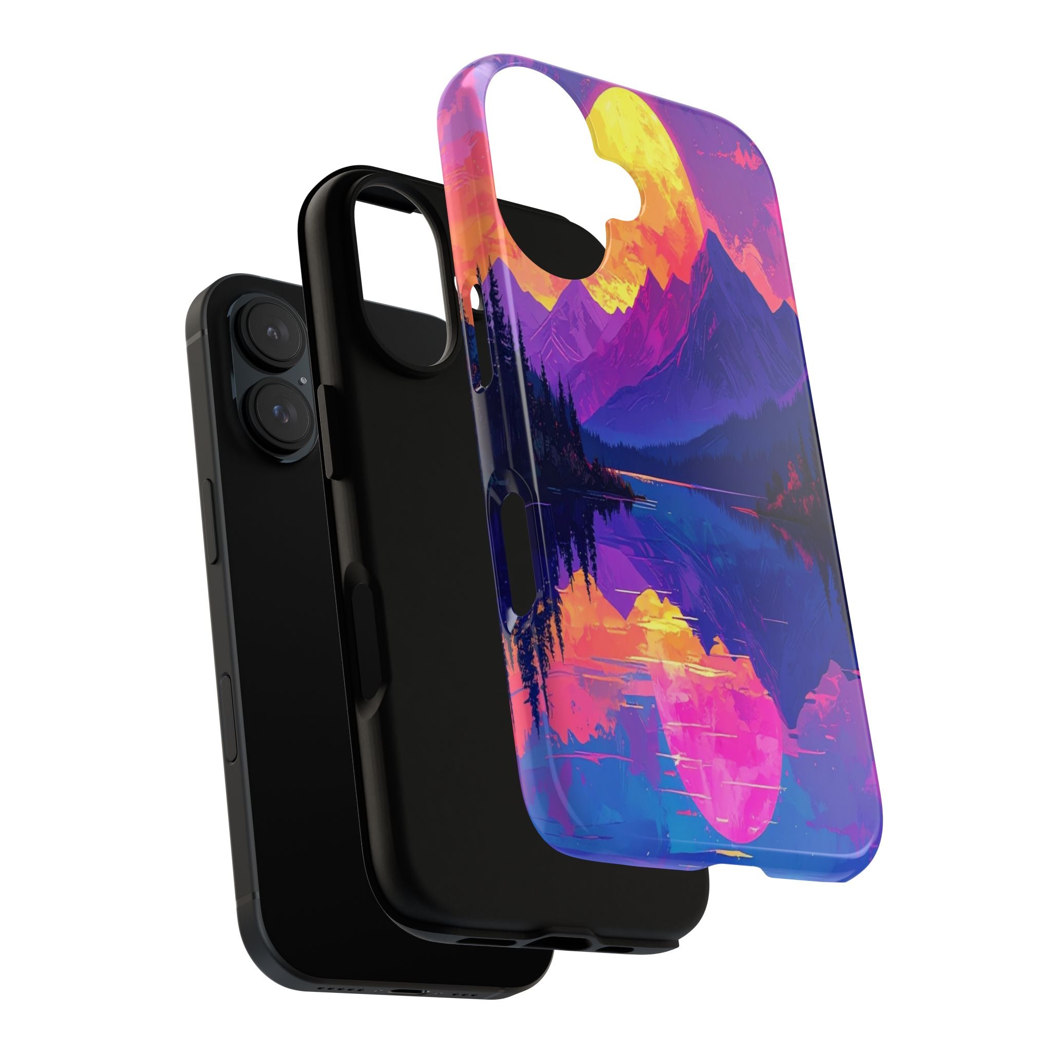Twilight's Reflective Embrace: Mountain Synthwave Landscape, Digital Sunset Panorama - L’Art Suprême Phone Case