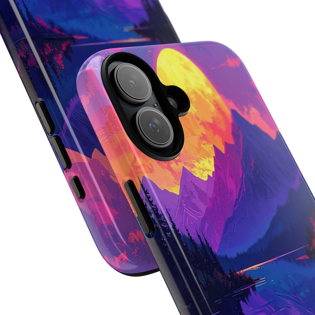 Twilight's Reflective Embrace: Mountain Synthwave Landscape, Digital Sunset Panorama - L’Art Suprême Phone Case