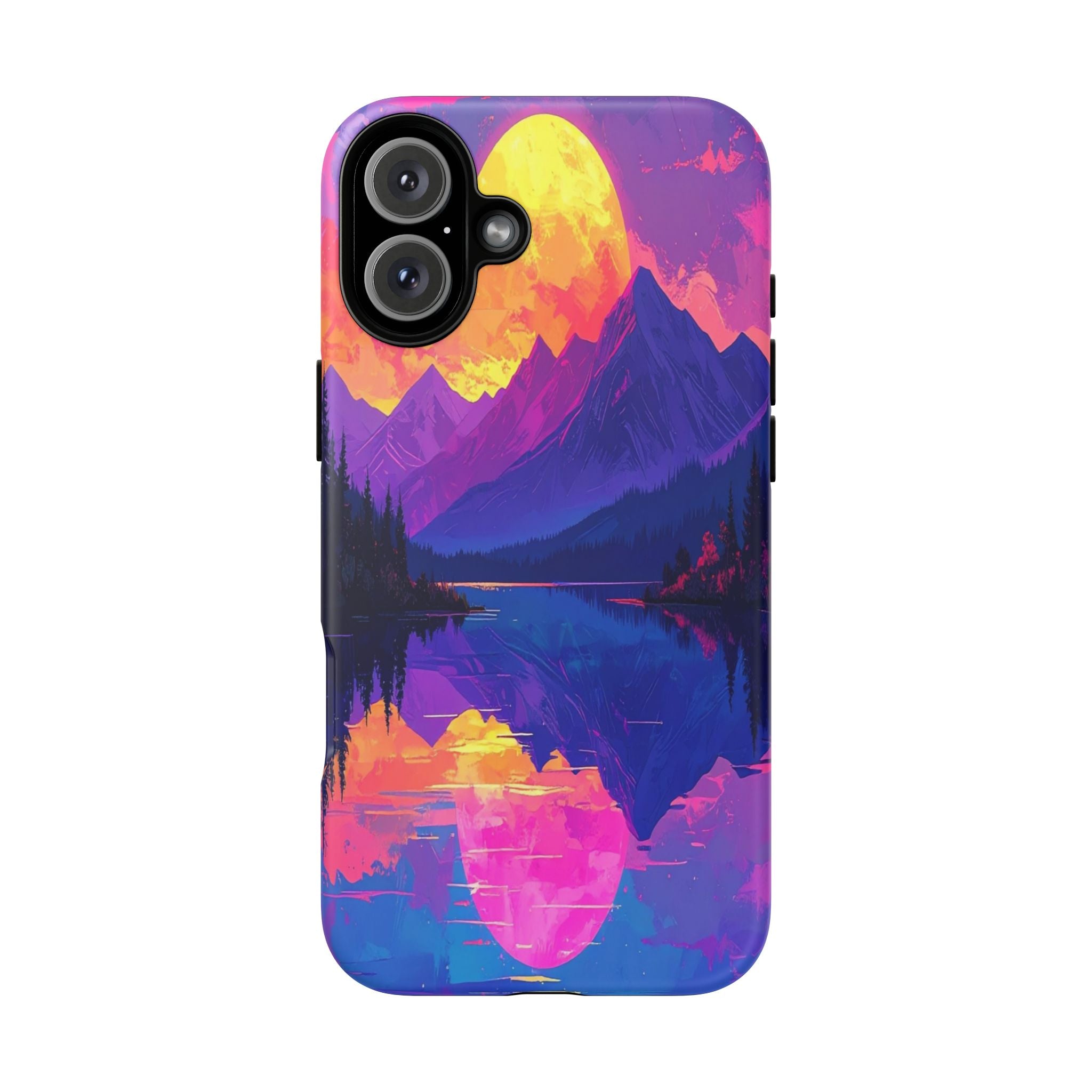 Twilight's Reflective Embrace: Mountain Synthwave Landscape, Digital Sunset Panorama - L’Art Suprême Phone Case