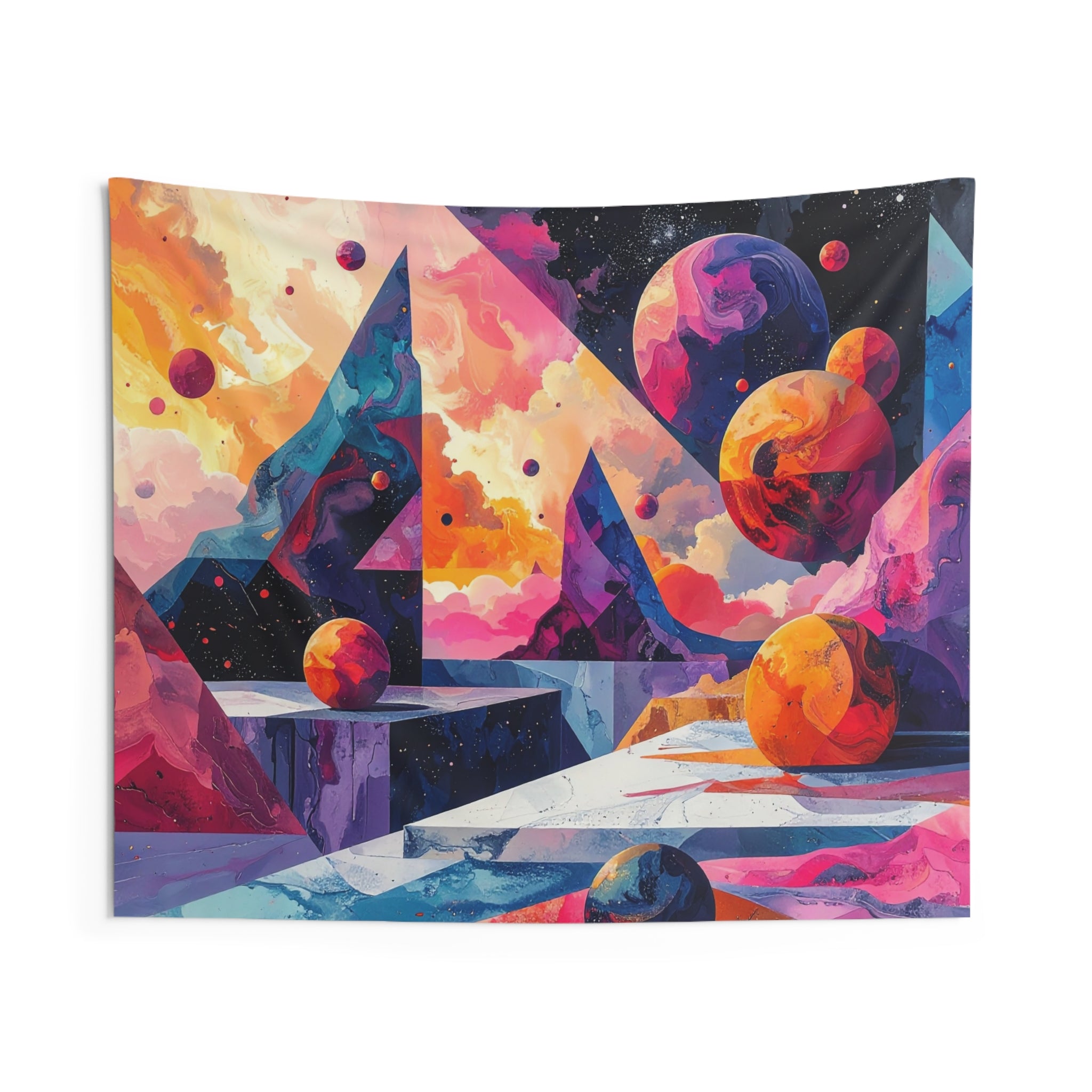 Cosmic Geometry: Planetary Dreamscape, Psychedelic Abstract Digital Art - L'Art Tapestry