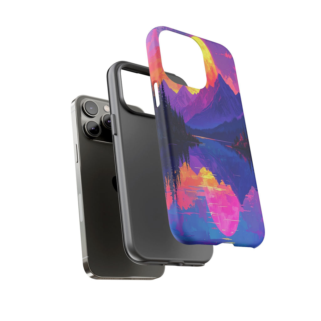 Twilight's Reflective Embrace: Mountain Synthwave Landscape, Digital Sunset Panorama - L’Art Suprême Phone Case