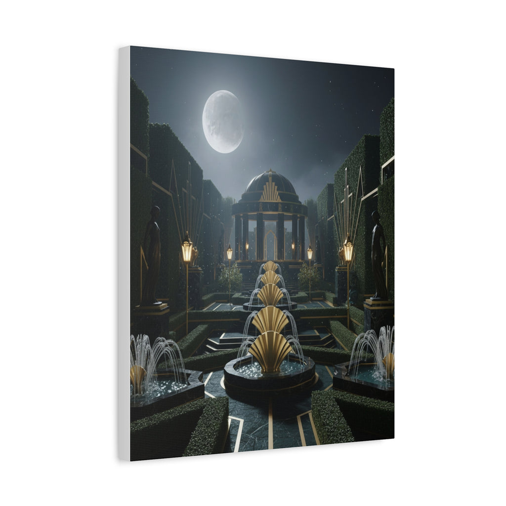 Nocturnal Pavilion: Art Deco Garden Symphony, Moonlit Architectural Dreamscape - L’Art Suprême Canvas