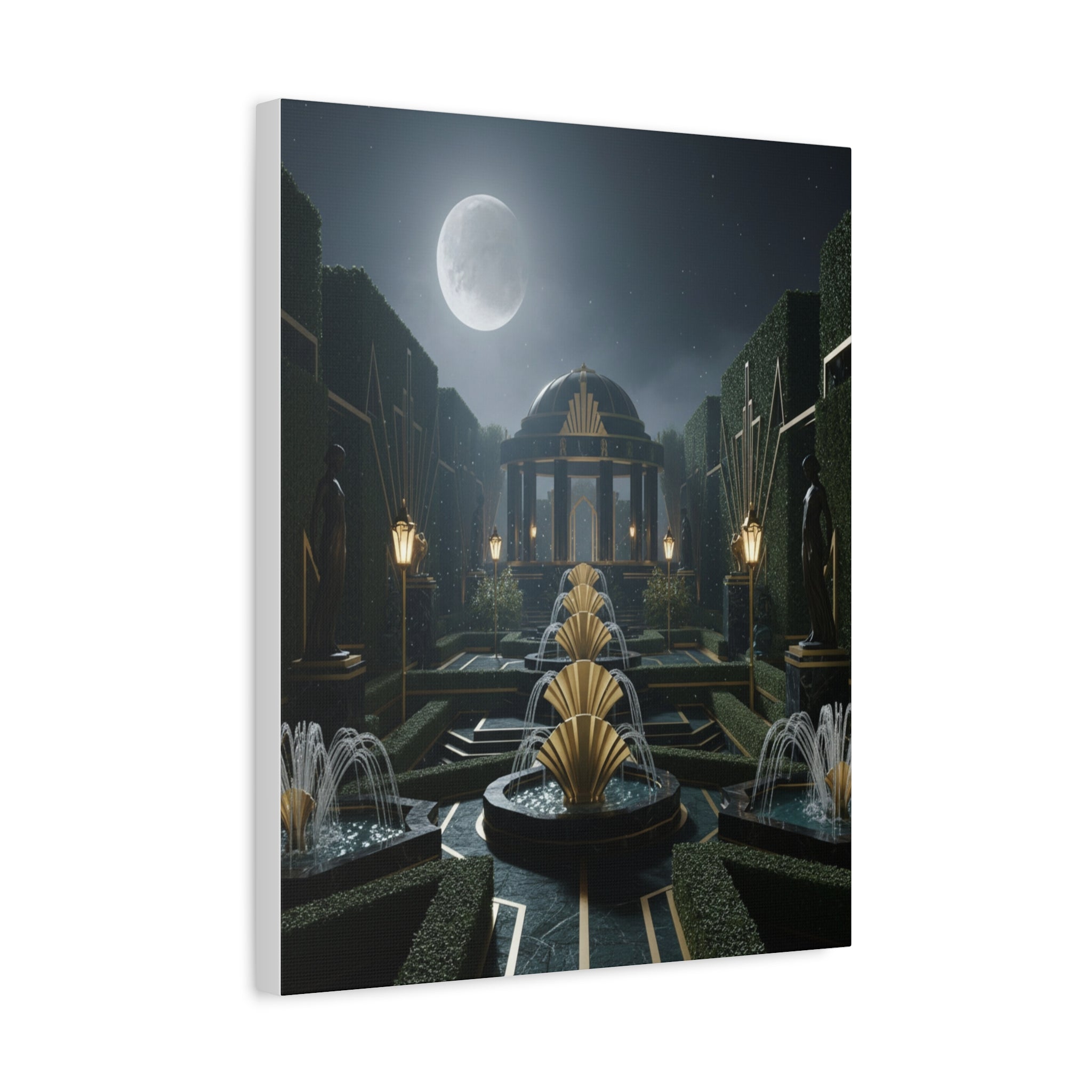 Nocturnal Pavilion: Art Deco Garden Symphony, Moonlit Architectural Dreamscape - L’Art Suprême Canvas