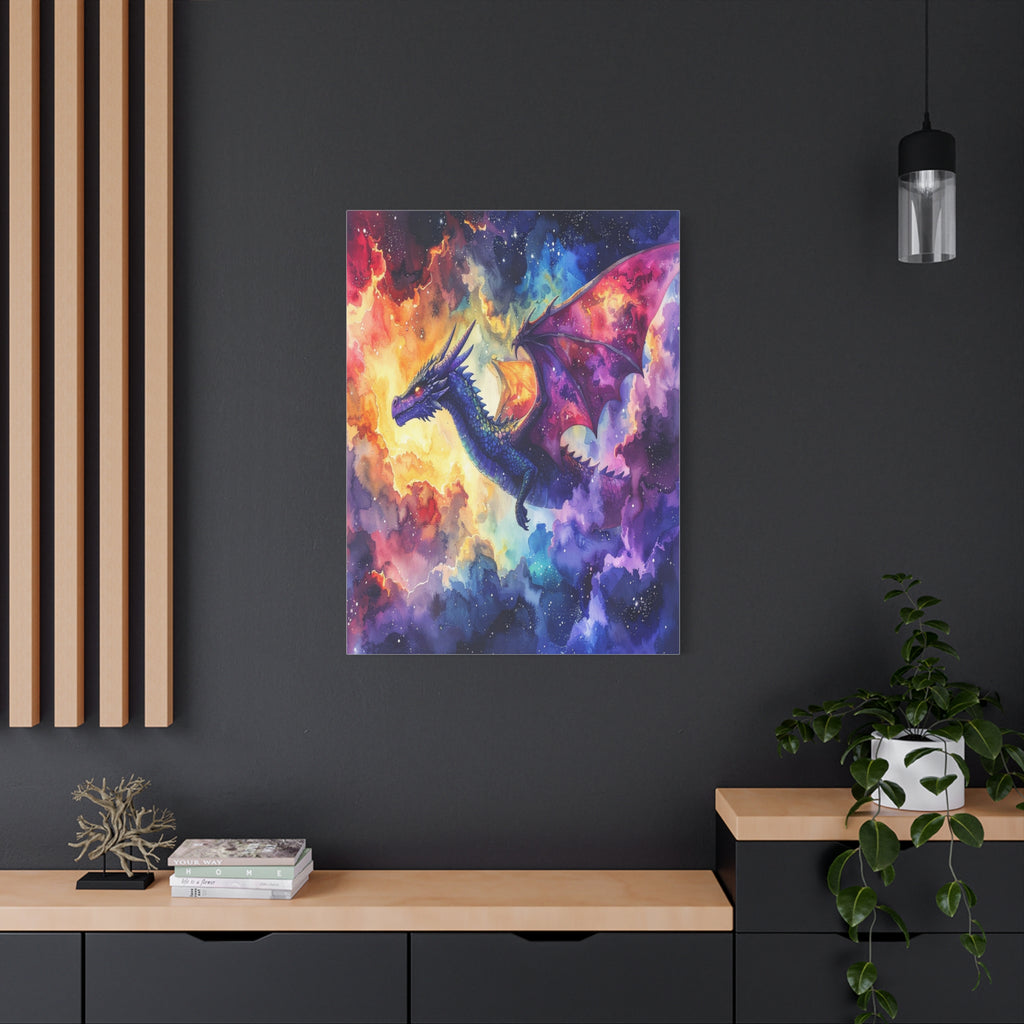 Cosmic Dragons' Ascent: Ethereal Watercolor Fantasy, Celestial Mythical Landscape - L’Art Suprême Canvas
