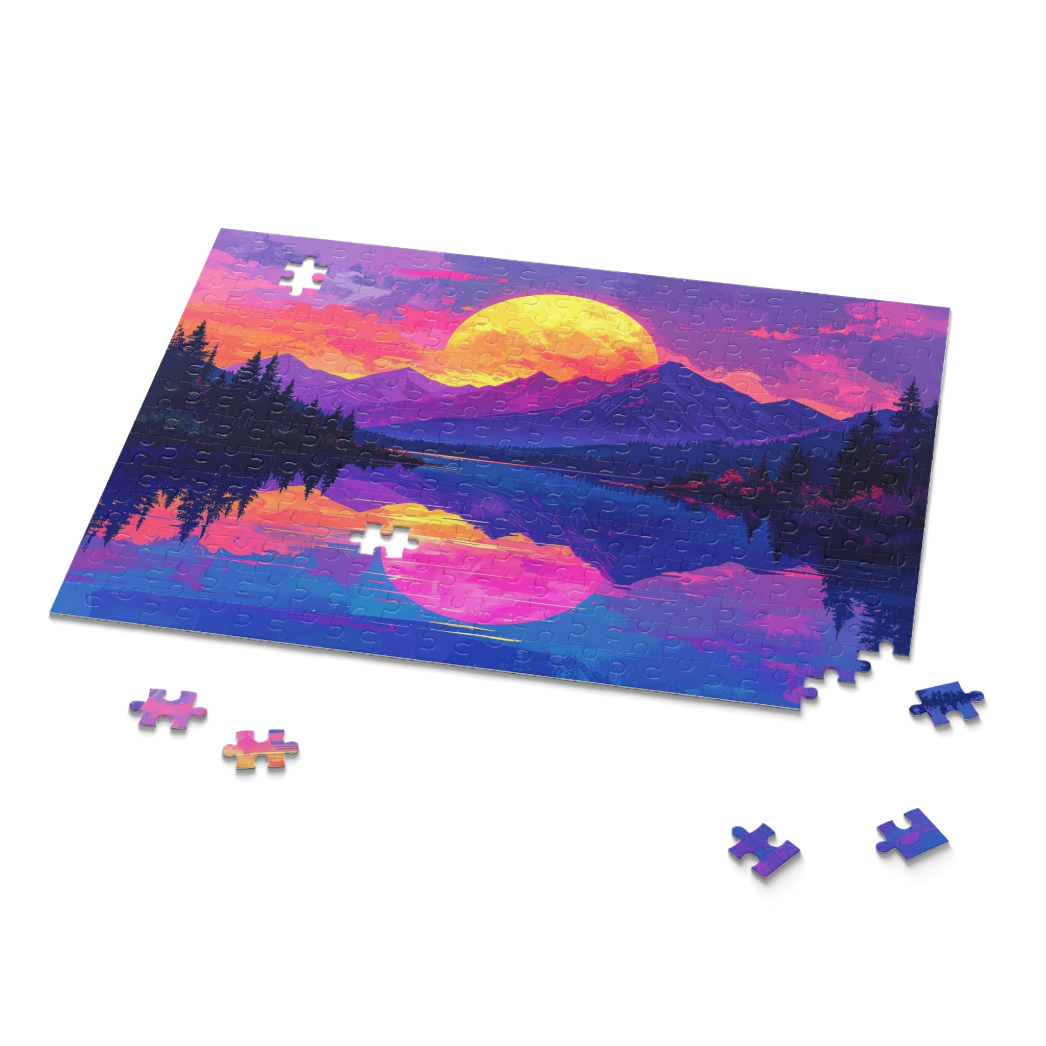 Synthwave Sunset Lake: Neon Mountain Dreamscape, Digital Retrowave Art -  L'Art Puzzle