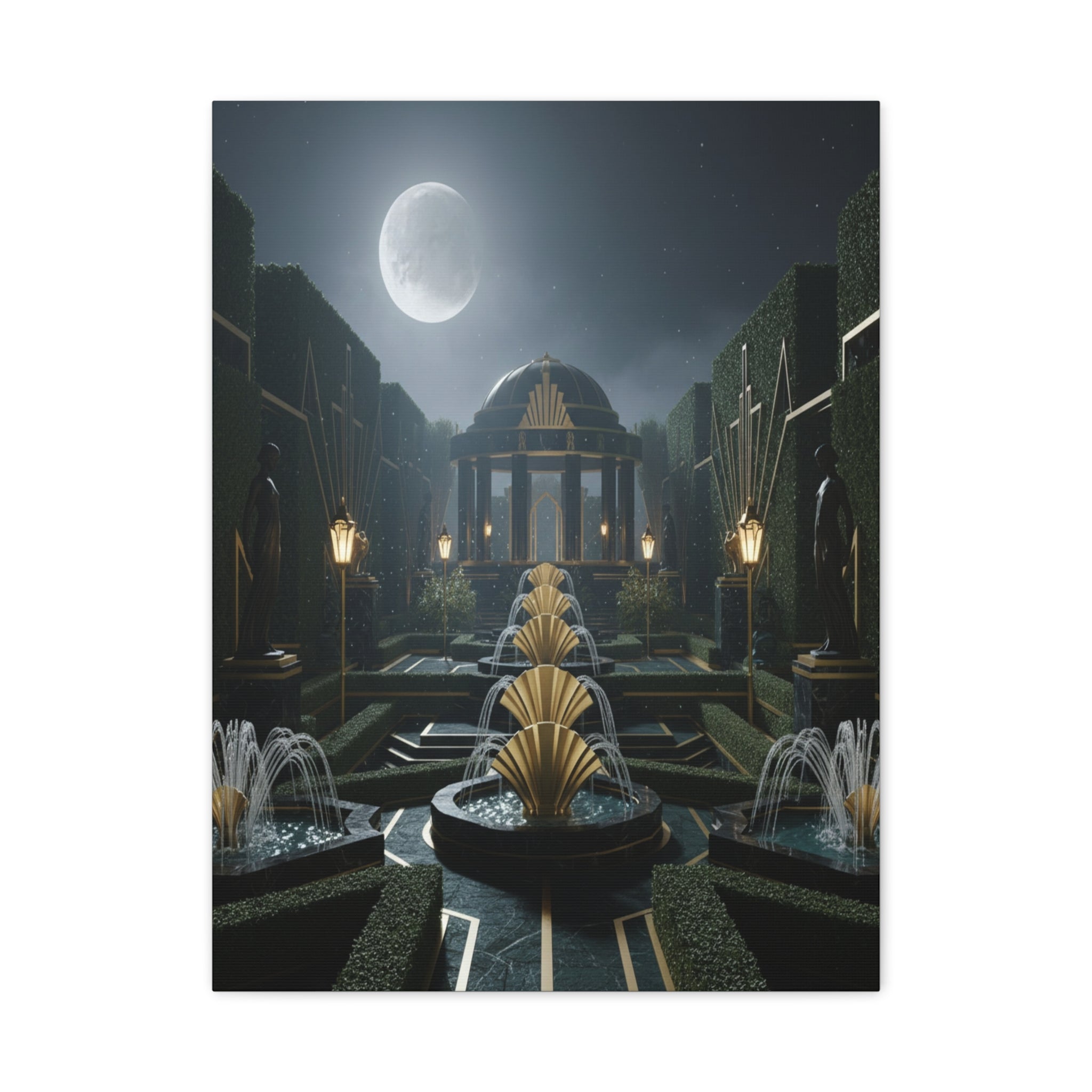 Nocturnal Pavilion: Art Deco Garden Symphony, Moonlit Architectural Dreamscape - L’Art Suprême Canvas