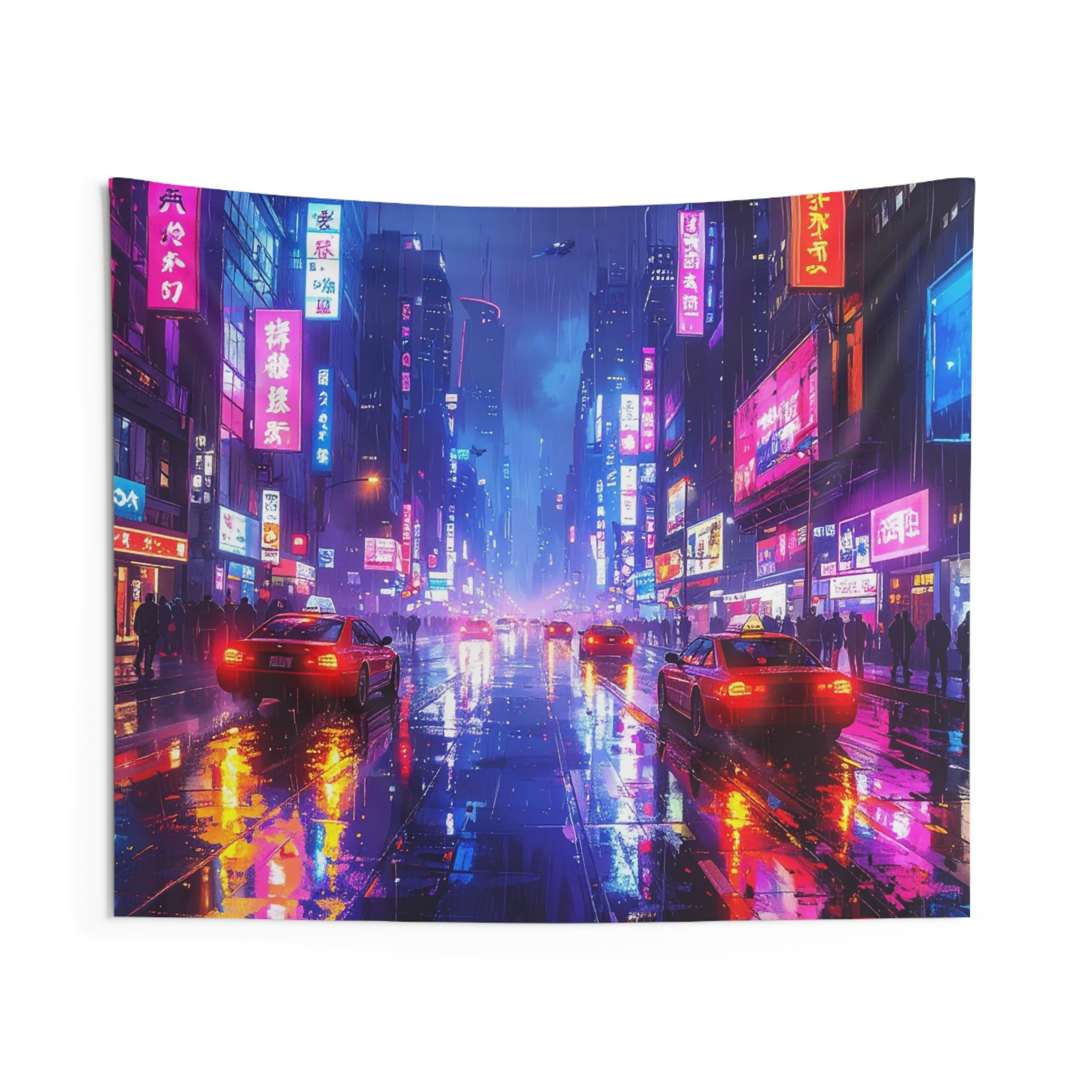 Neon Metropolis: Cyberpunk Urban Landscape, Rain-Soaked Night Scene - L'Art Tapestry