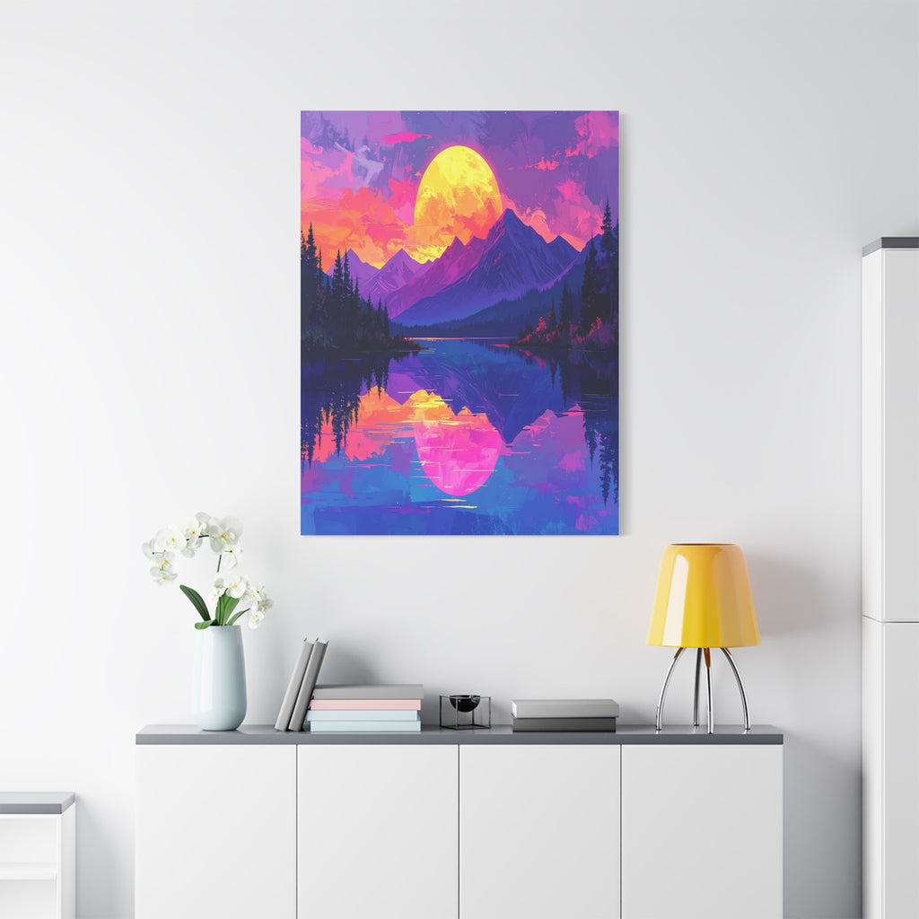 Twilight Symmetry: Neon Mountain Landscape, Vaporwave Digital Art - L’Art Suprême Canvas