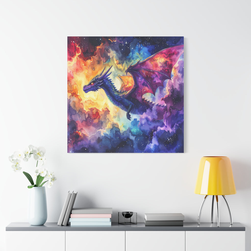 Cosmic Dragons' Ascent: Ethereal Watercolor Fantasy, Celestial Mythical Landscape - L’Art Suprême Canvas