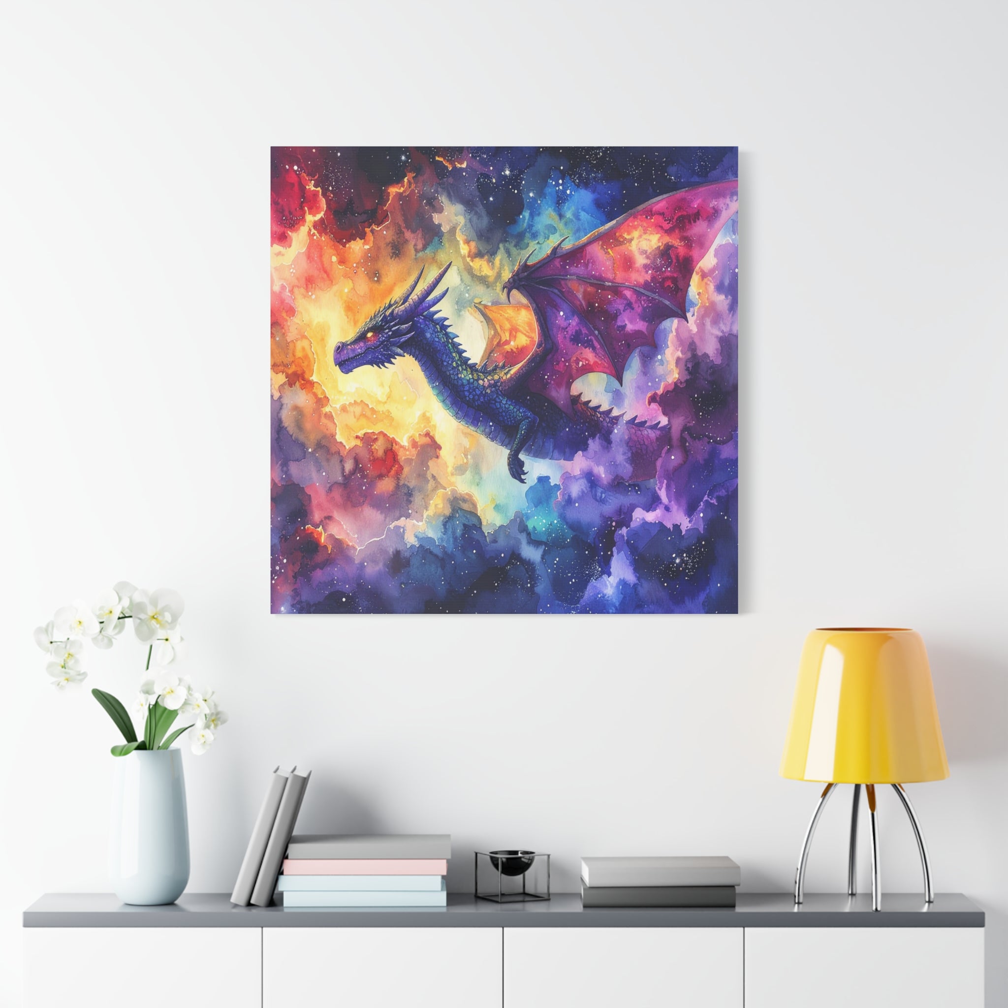 Cosmic Dragons' Ascent: Ethereal Watercolor Fantasy, Celestial Mythical Landscape - L’Art Suprême Canvas