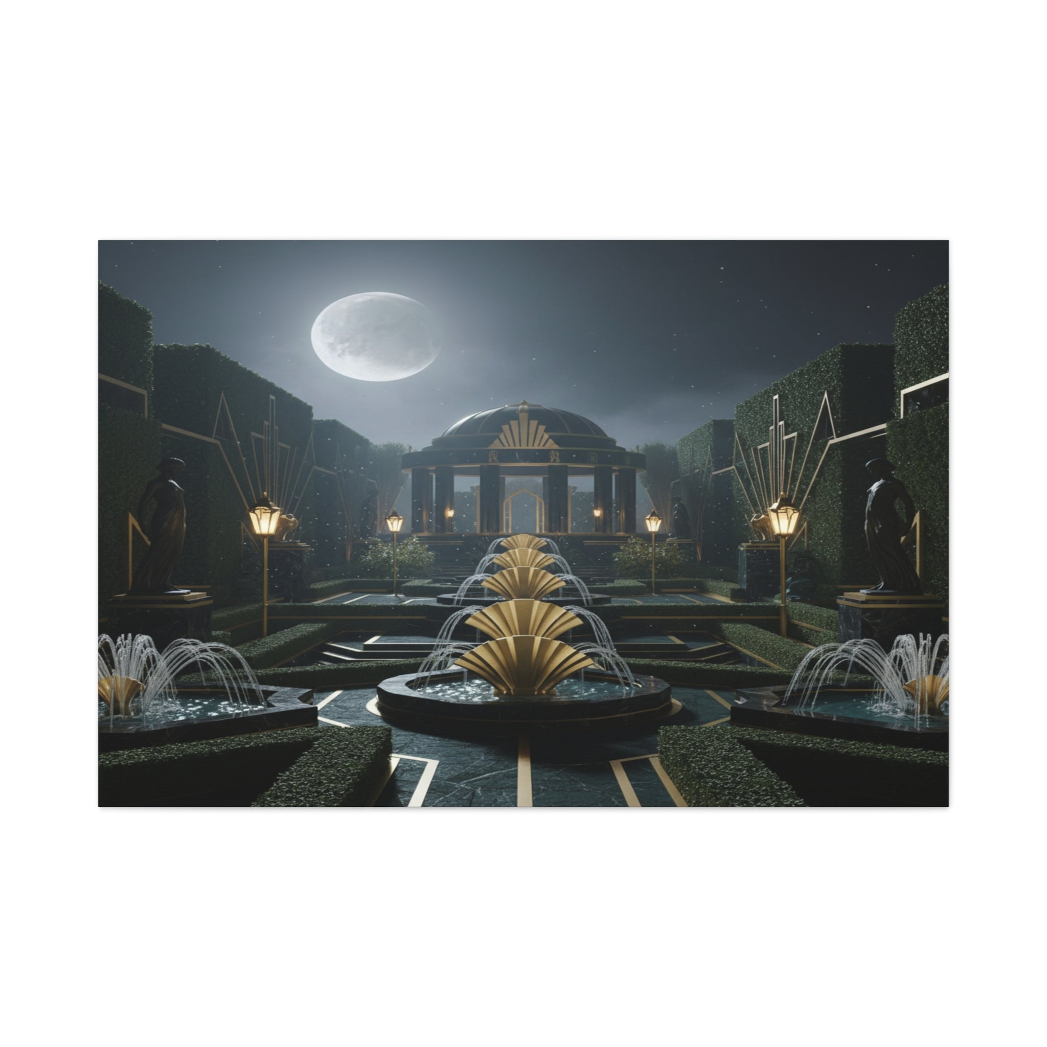 Nocturnal Pavilion: Art Deco Garden Symphony, Moonlit Architectural Dreamscape - L’Art Suprême Canvas