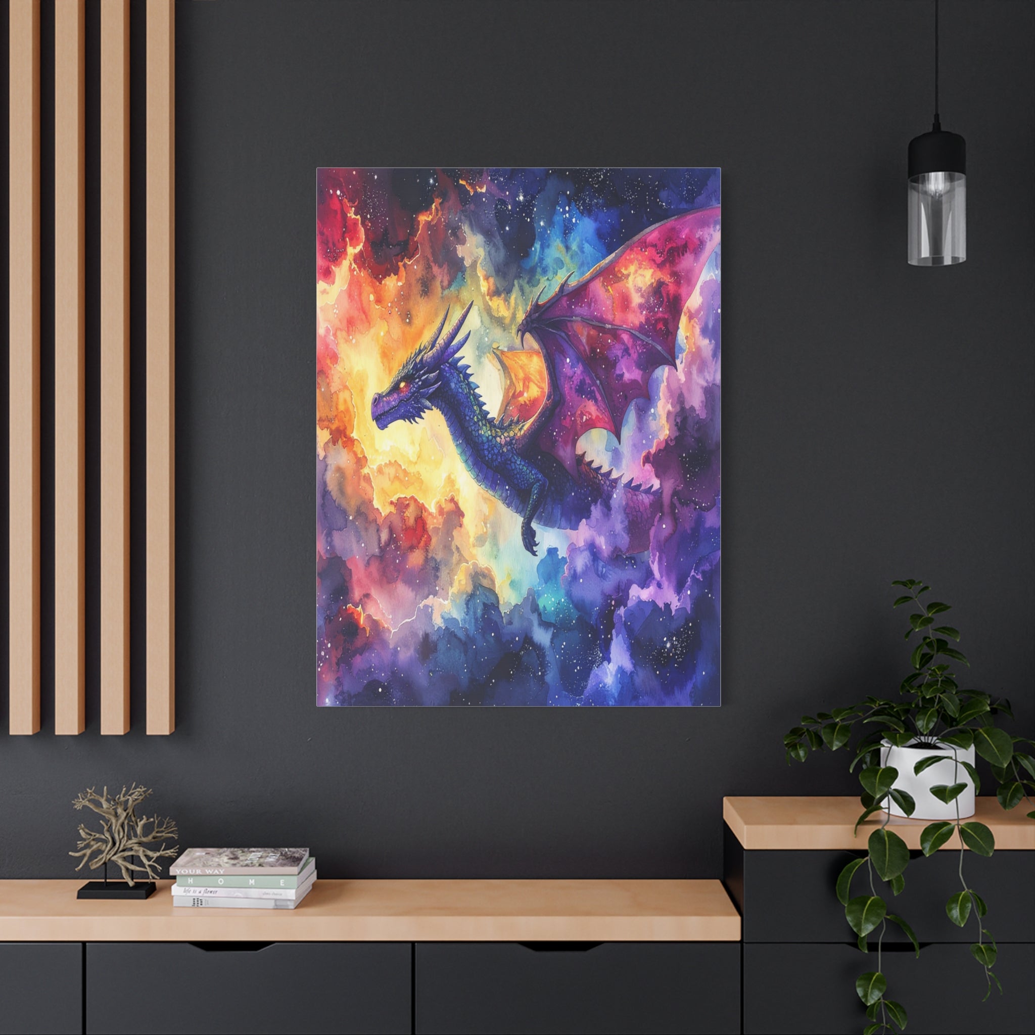 Cosmic Dragons' Ascent: Ethereal Watercolor Fantasy, Celestial Mythical Landscape - L’Art Suprême Canvas
