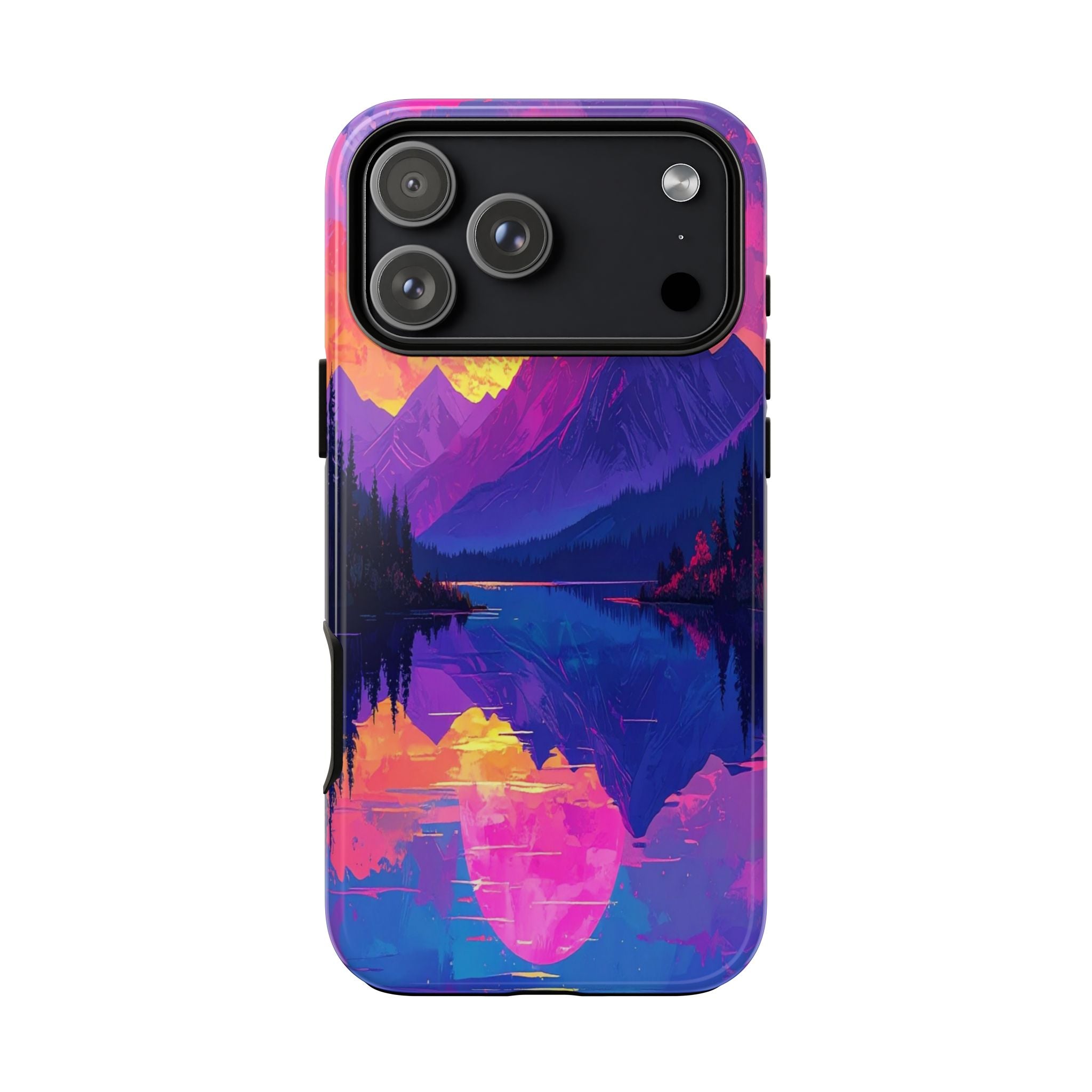 Twilight's Reflective Embrace: Mountain Synthwave Landscape, Digital Sunset Panorama - L’Art Suprême Phone Case