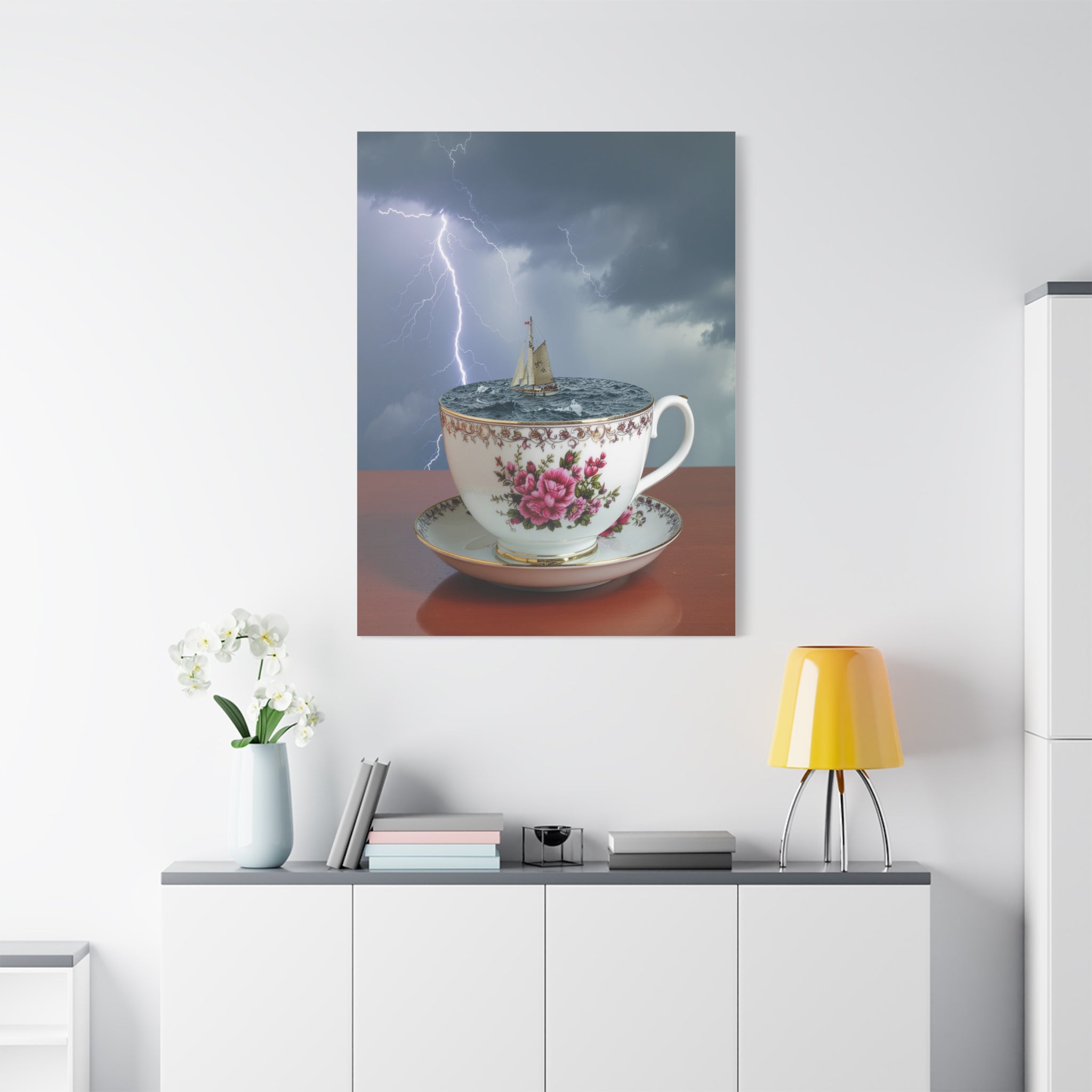 Tempest in a Teacup: Surreal Maritime Digital Art, Porcelain Seascape Narrative - L’Art Suprême Canvas