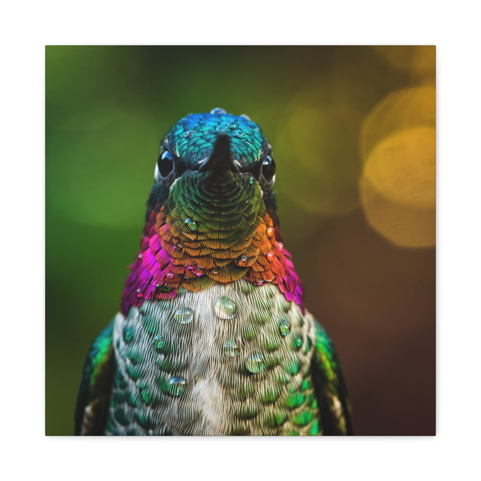 Iridescent Whispers: Hummingbird in Vibrant Plumage, Close-Up Nature Photography - L’Art Suprême Canvas