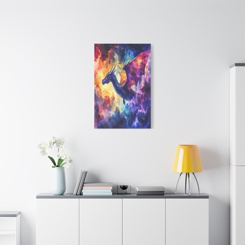 Cosmic Dragons' Ascent: Ethereal Watercolor Fantasy, Celestial Mythical Landscape - L’Art Suprême Canvas