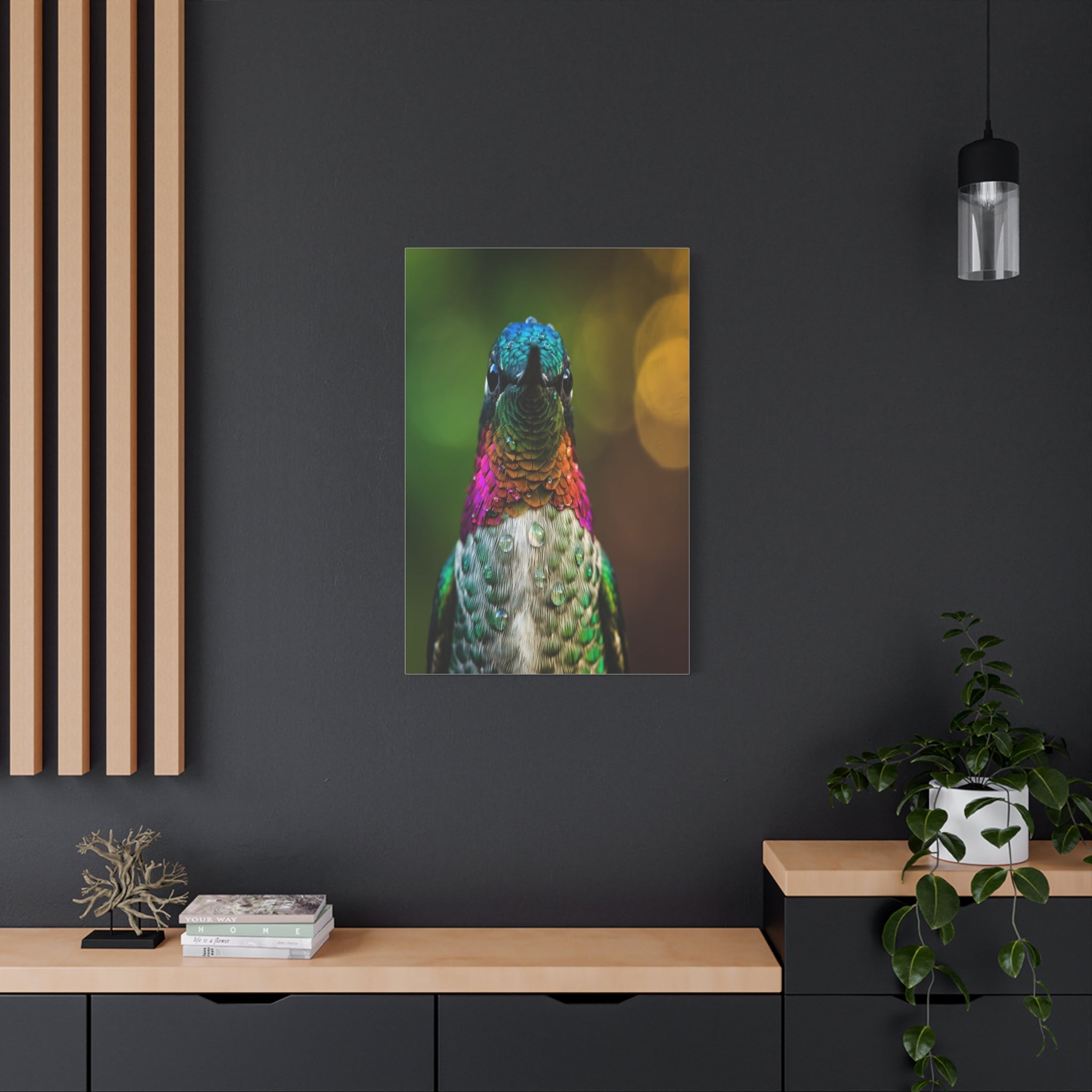 Iridescent Whispers: Hummingbird in Vibrant Plumage, Close-Up Nature Photography - L’Art Suprême Canvas