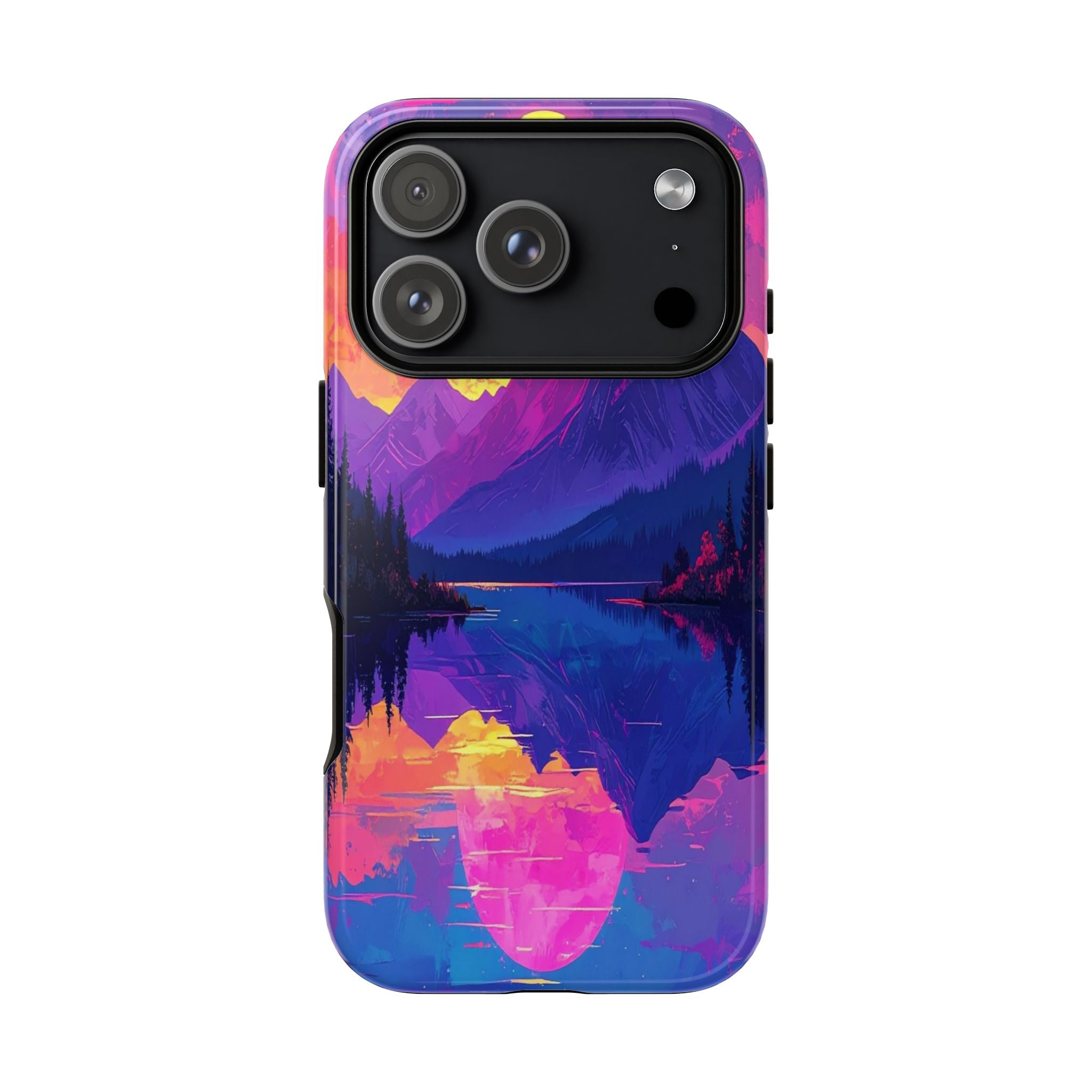 Twilight's Reflective Embrace: Mountain Synthwave Landscape, Digital Sunset Panorama - L’Art Suprême Phone Case