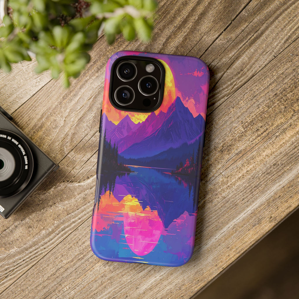 Twilight's Reflective Embrace: Mountain Synthwave Landscape, Digital Sunset Panorama - L’Art Suprême Phone Case