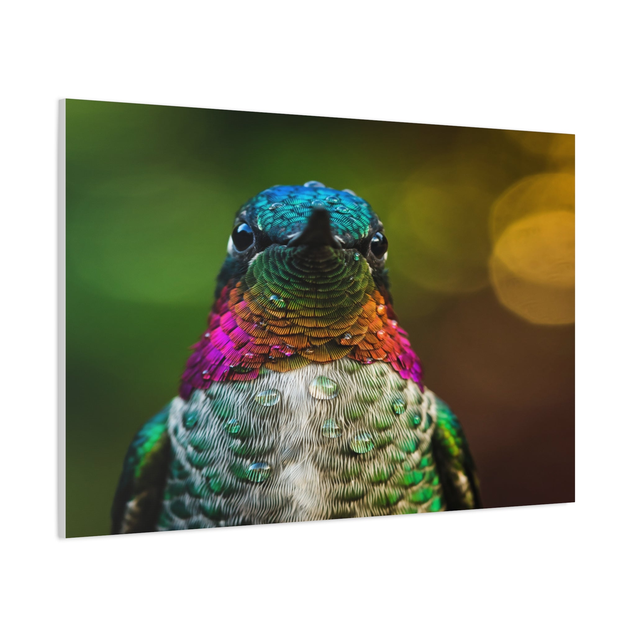 Iridescent Whispers: Hummingbird in Vibrant Plumage, Close-Up Nature Photography - L’Art Suprême Canvas