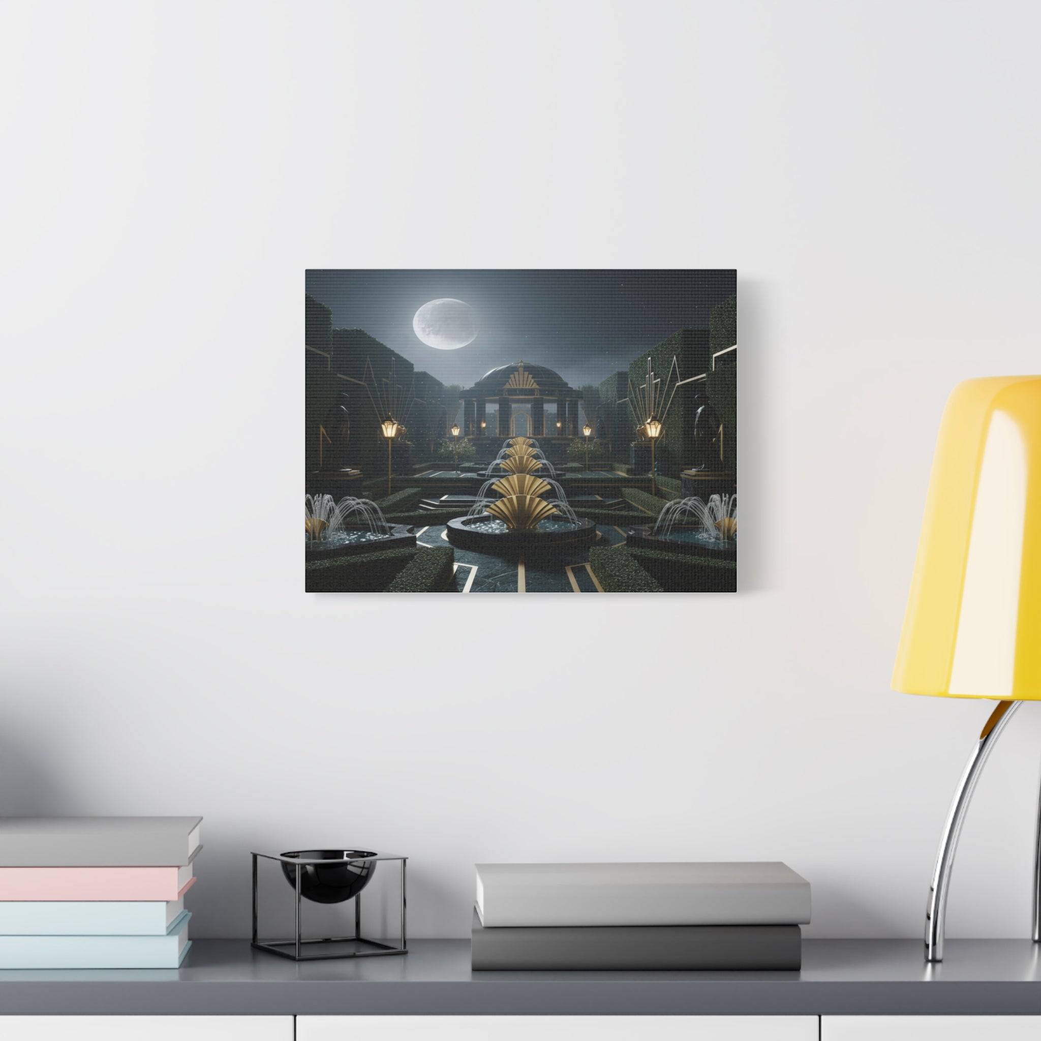 Nocturnal Pavilion: Art Deco Garden Symphony, Moonlit Architectural Dreamscape - L’Art Suprême Canvas