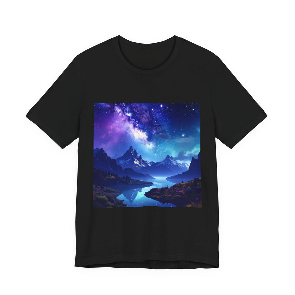 Cosmic Reflections: Celestial Mountain Landscape, Milky Way Digital Art - Luxe Art Tee