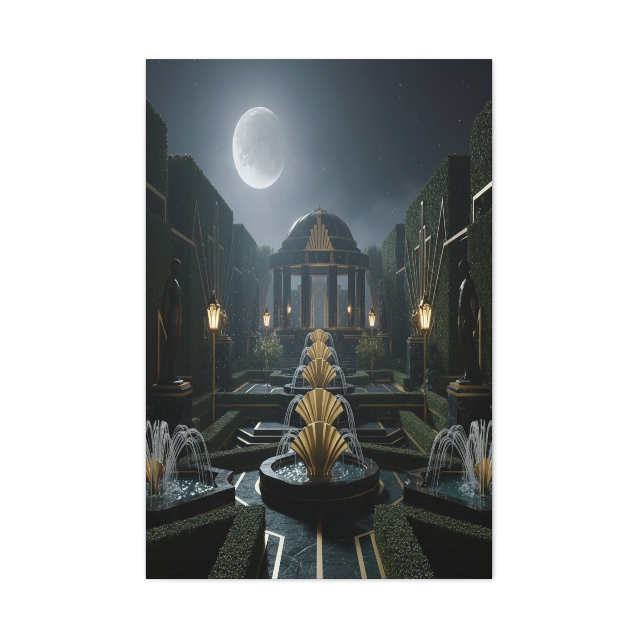 Nocturnal Pavilion: Art Deco Garden Symphony, Moonlit Architectural Dreamscape - L’Art Suprême Canvas