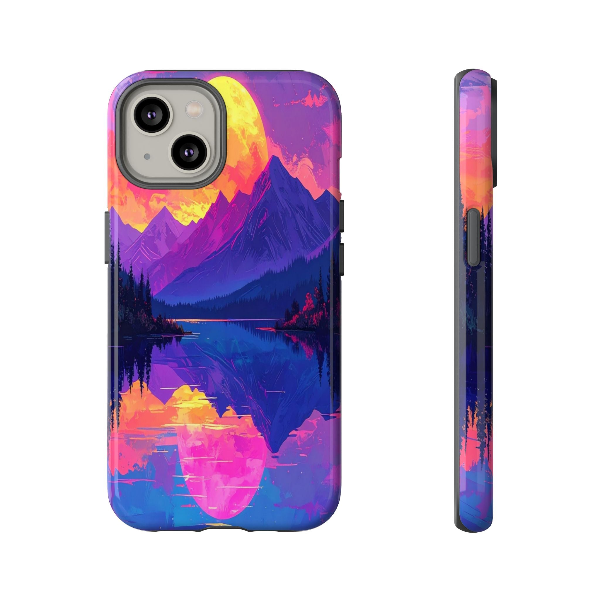 Twilight's Reflective Embrace: Mountain Synthwave Landscape, Digital Sunset Panorama - L’Art Suprême Phone Case