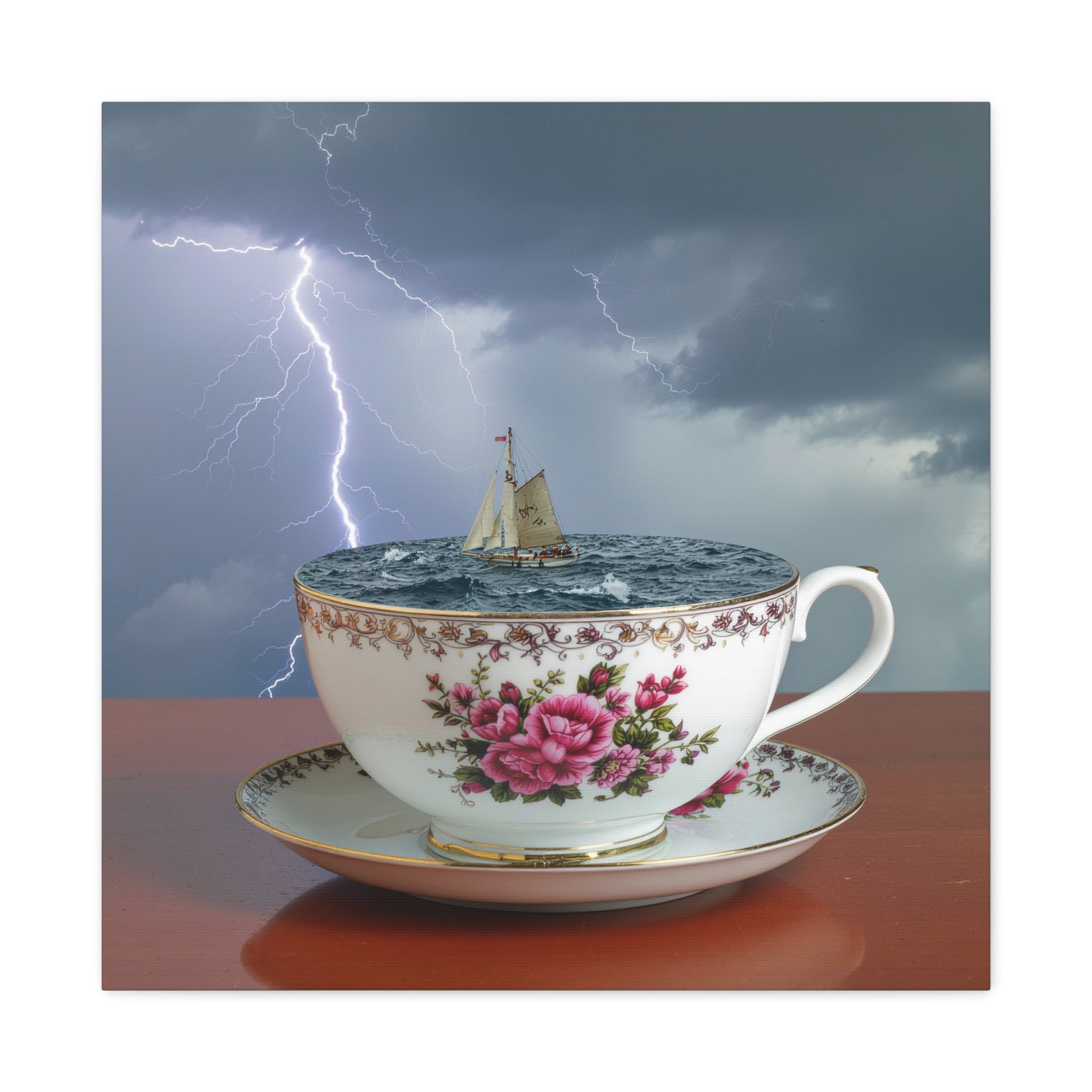 Tempest in a Teacup: Surreal Maritime Digital Art, Porcelain Seascape Narrative - L’Art Suprême Canvas