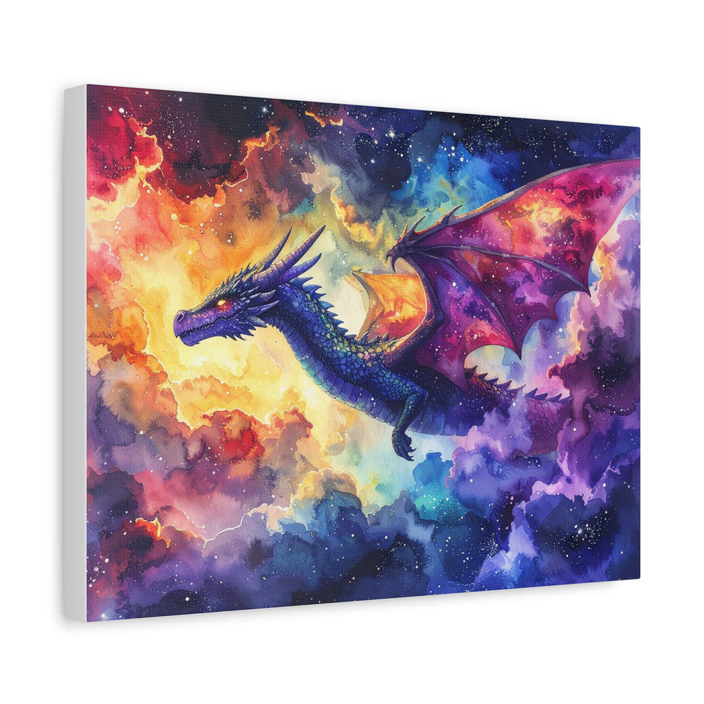Cosmic Dragons' Ascent: Ethereal Watercolor Fantasy, Celestial Mythical Landscape - L’Art Suprême Canvas