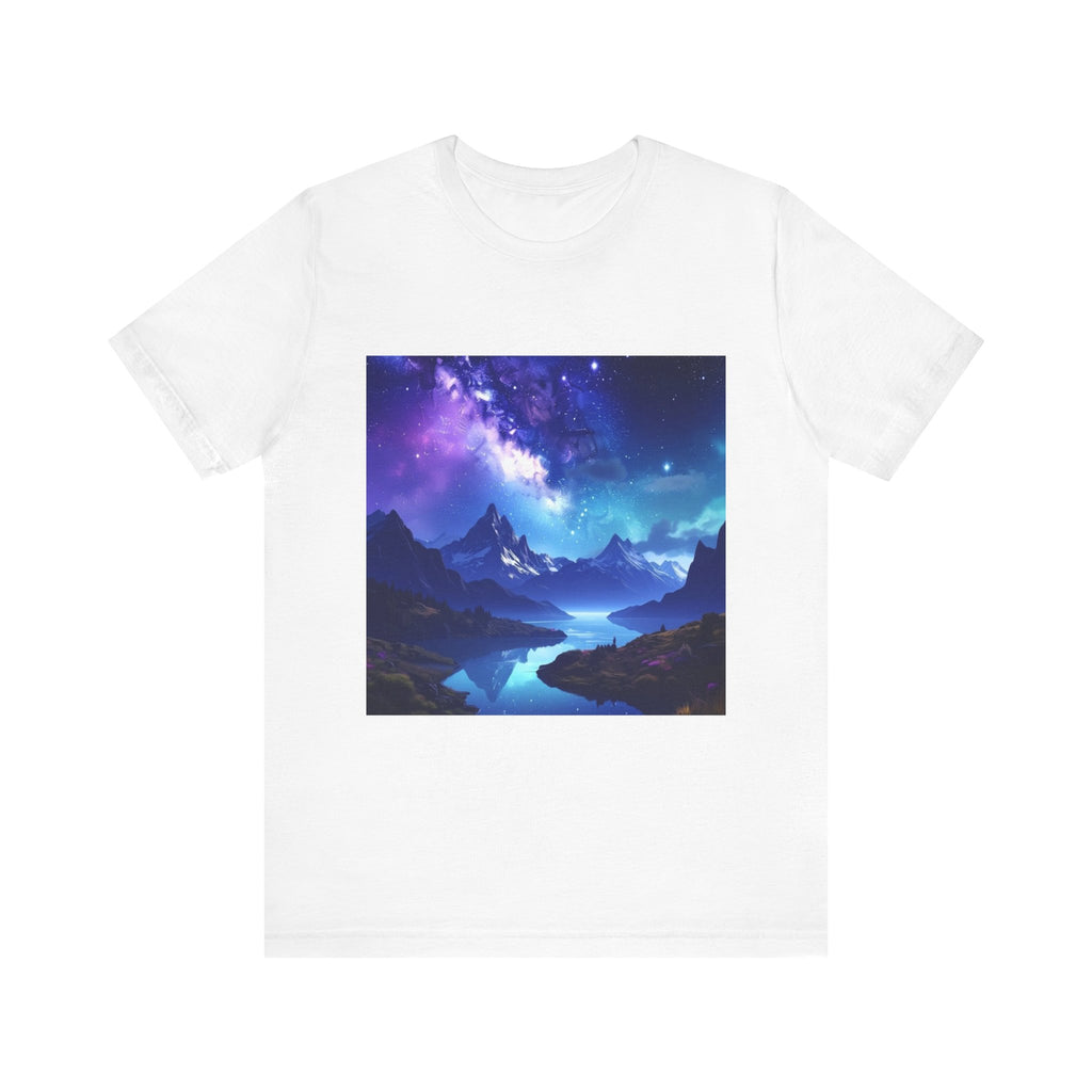 Cosmic Reflections: Celestial Mountain Landscape, Milky Way Digital Art - Luxe Art Tee