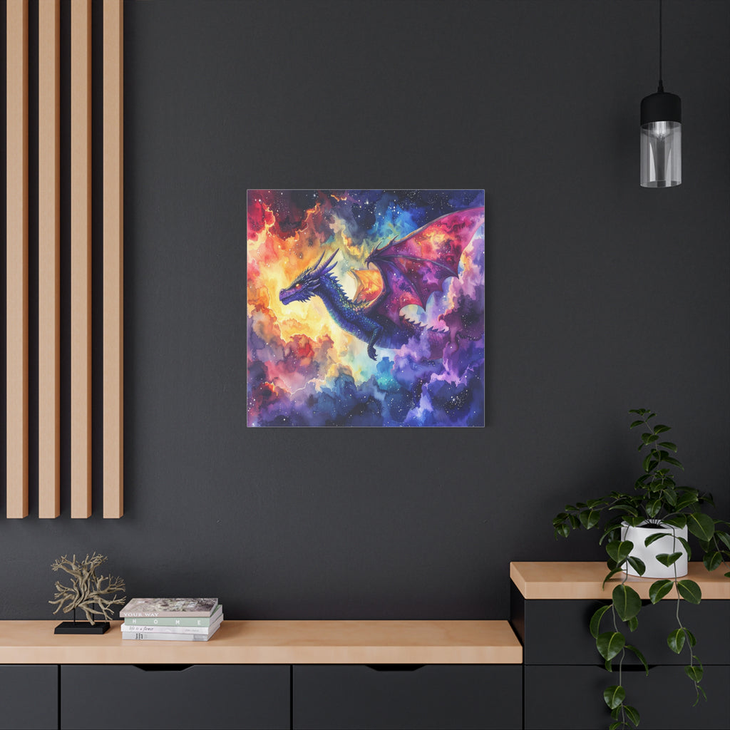 Cosmic Dragons' Ascent: Ethereal Watercolor Fantasy, Celestial Mythical Landscape - L’Art Suprême Canvas