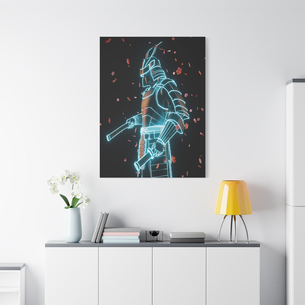 Neon Samurai: Digital Warrior, Cyberpunk Fusion, Glowing Wireframe Armor - L’Art Suprême Canvas