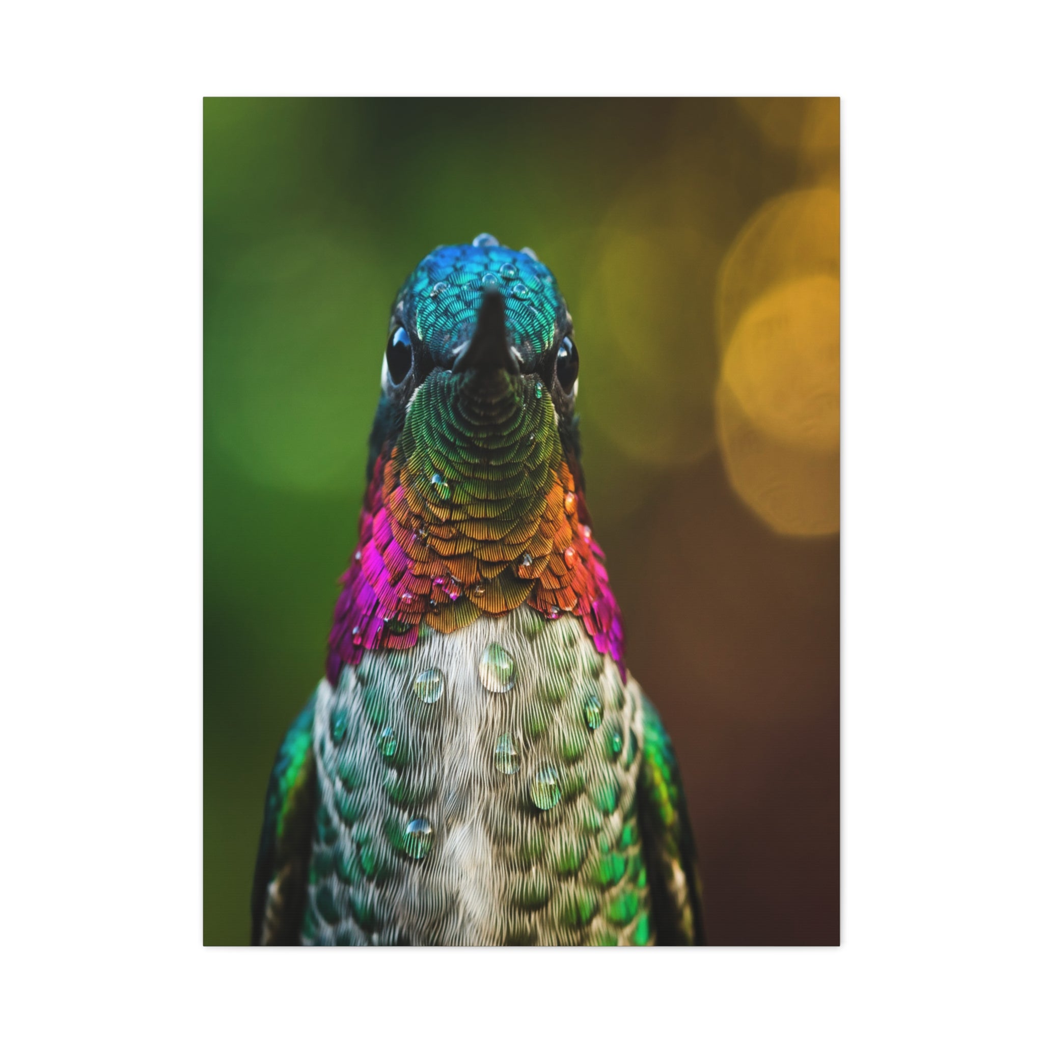 Iridescent Whispers: Hummingbird in Vibrant Plumage, Close-Up Nature Photography - L’Art Suprême Canvas