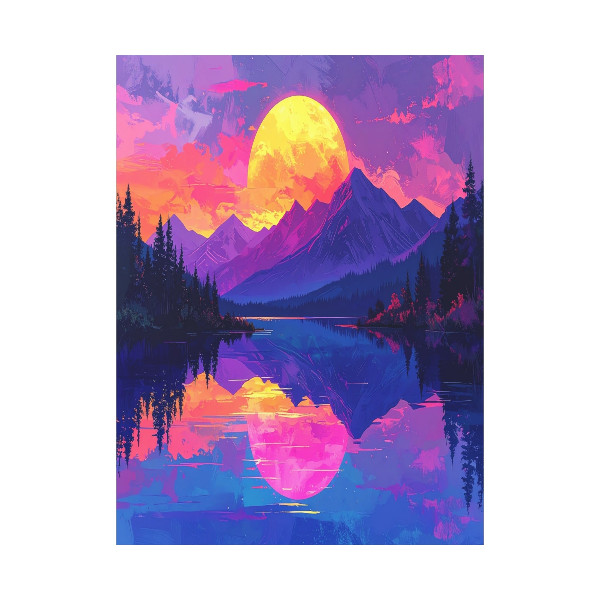 Twilight Symmetry: Neon Mountain Landscape, Vaporwave Digital Art - L’Art Suprême Canvas