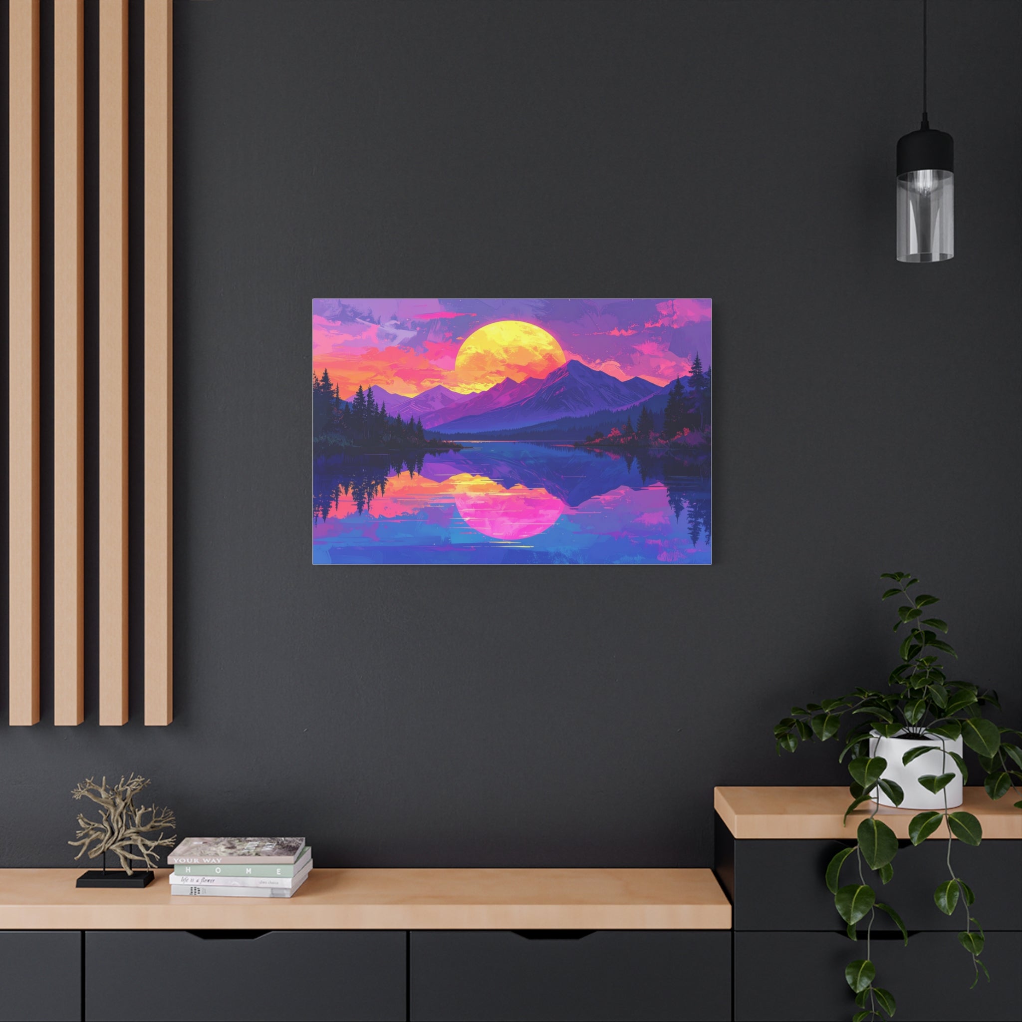 Twilight Symmetry: Neon Mountain Landscape, Vaporwave Digital Art - L’Art Suprême Canvas