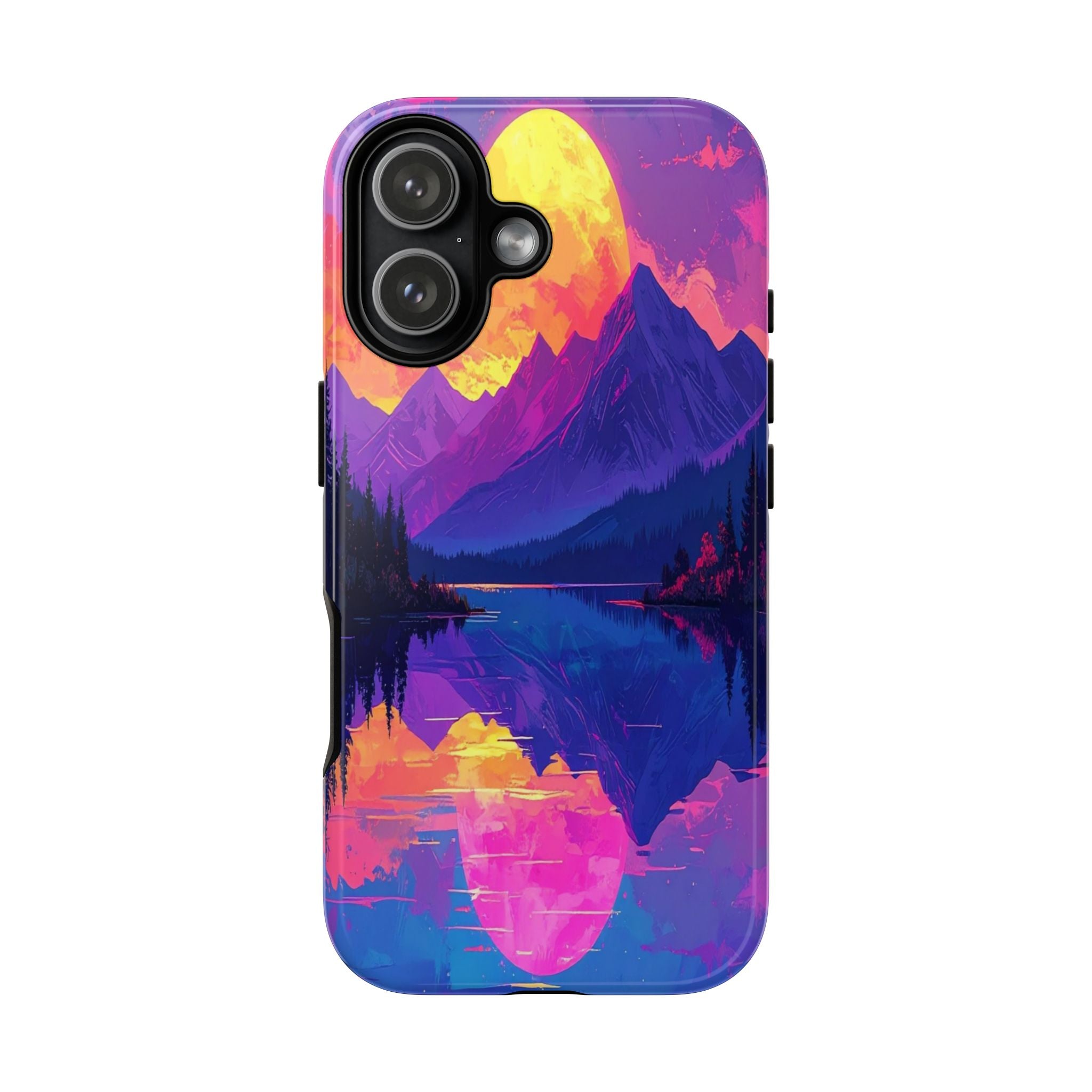 Twilight's Reflective Embrace: Mountain Synthwave Landscape, Digital Sunset Panorama - L’Art Suprême Phone Case