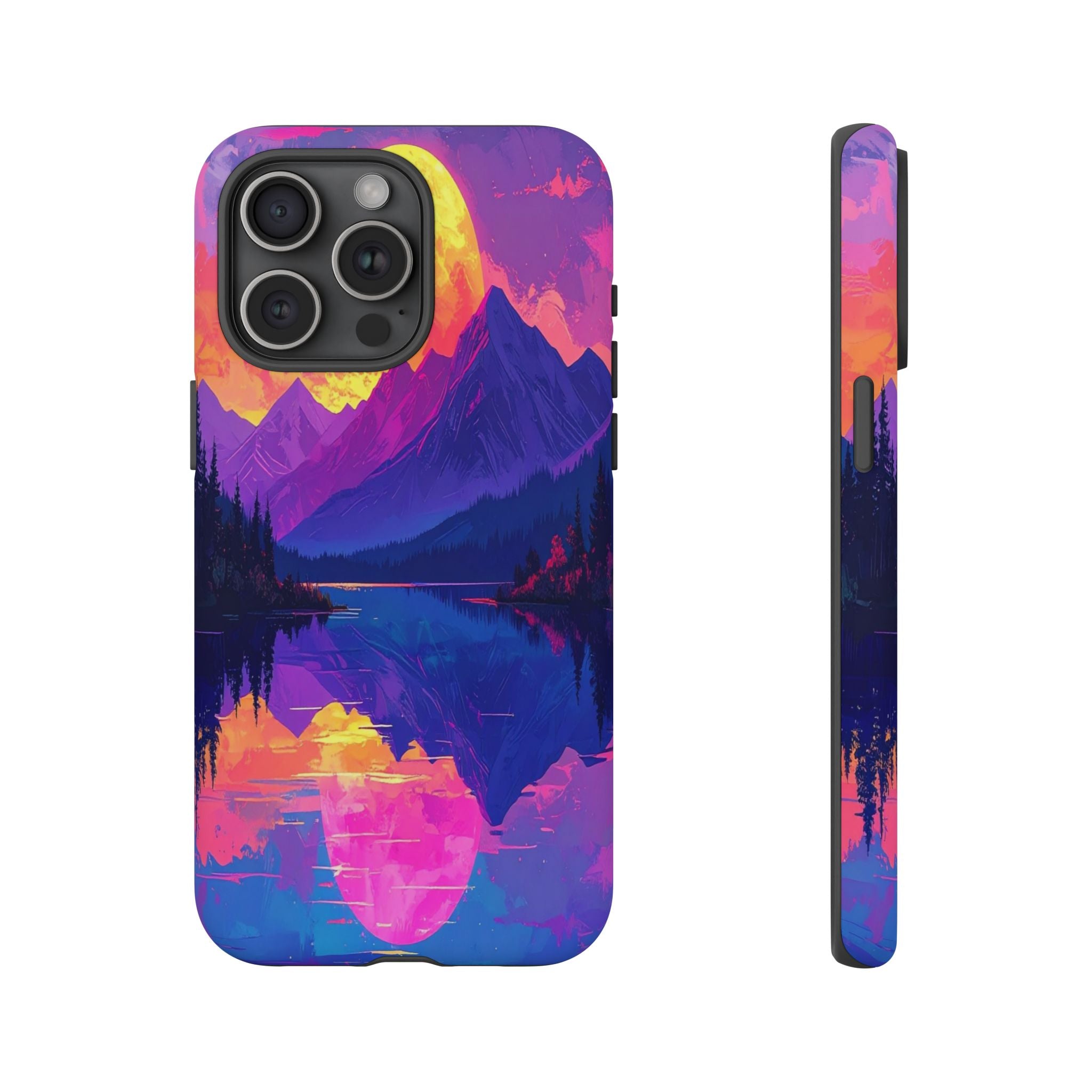 Twilight's Reflective Embrace: Mountain Synthwave Landscape, Digital Sunset Panorama - L’Art Suprême Phone Case