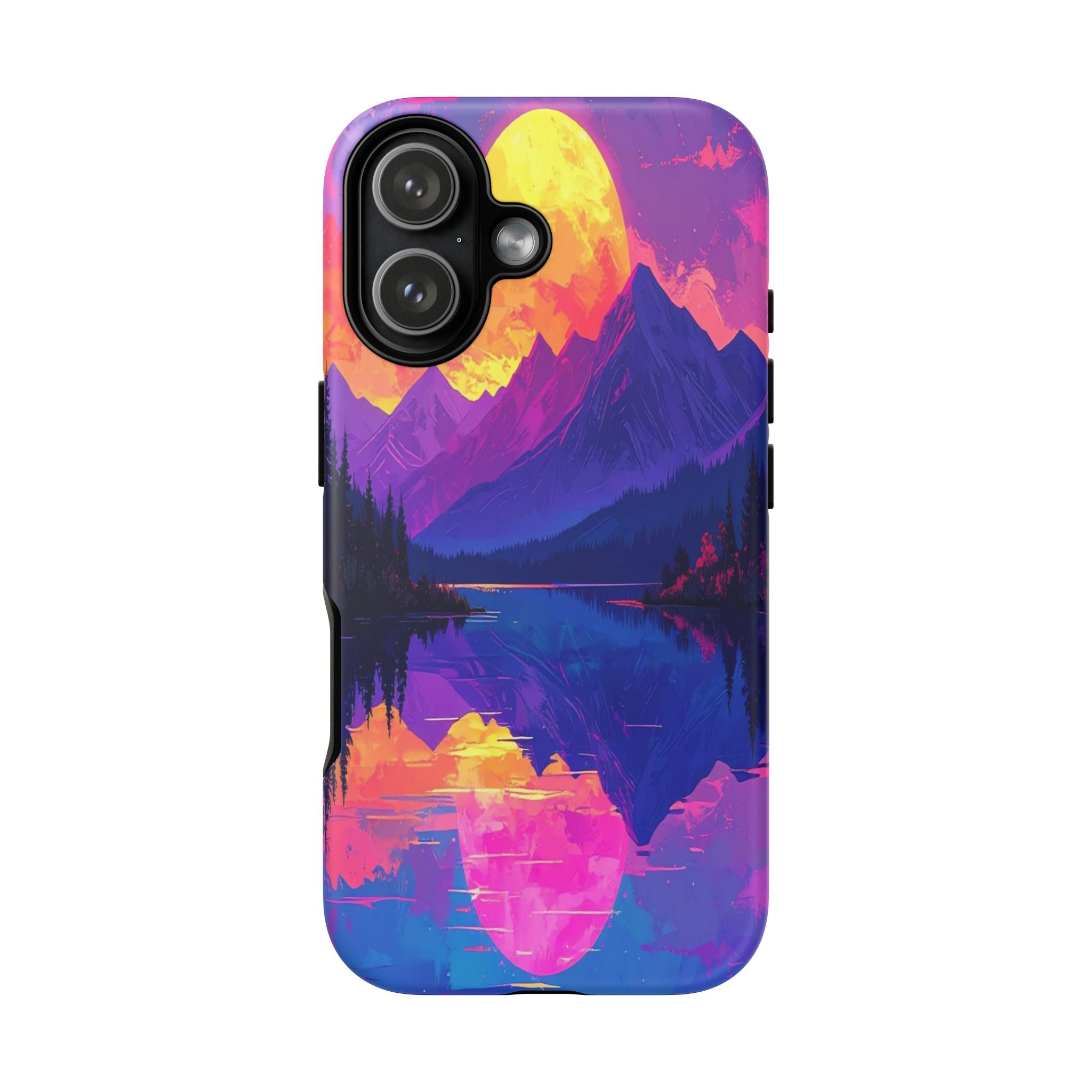 Twilight's Reflective Embrace: Mountain Synthwave Landscape, Digital Sunset Panorama - L’Art Suprême Phone Case