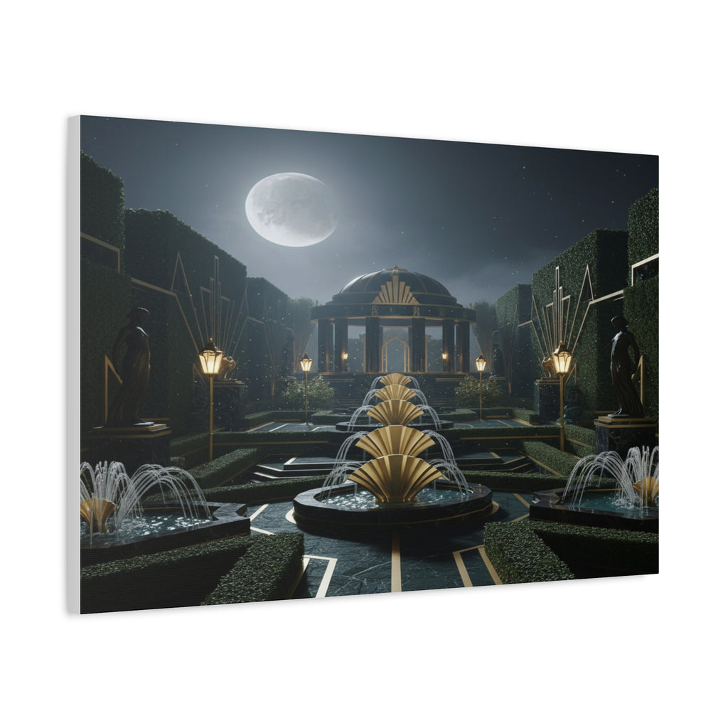Nocturnal Pavilion: Art Deco Garden Symphony, Moonlit Architectural Dreamscape - L’Art Suprême Canvas