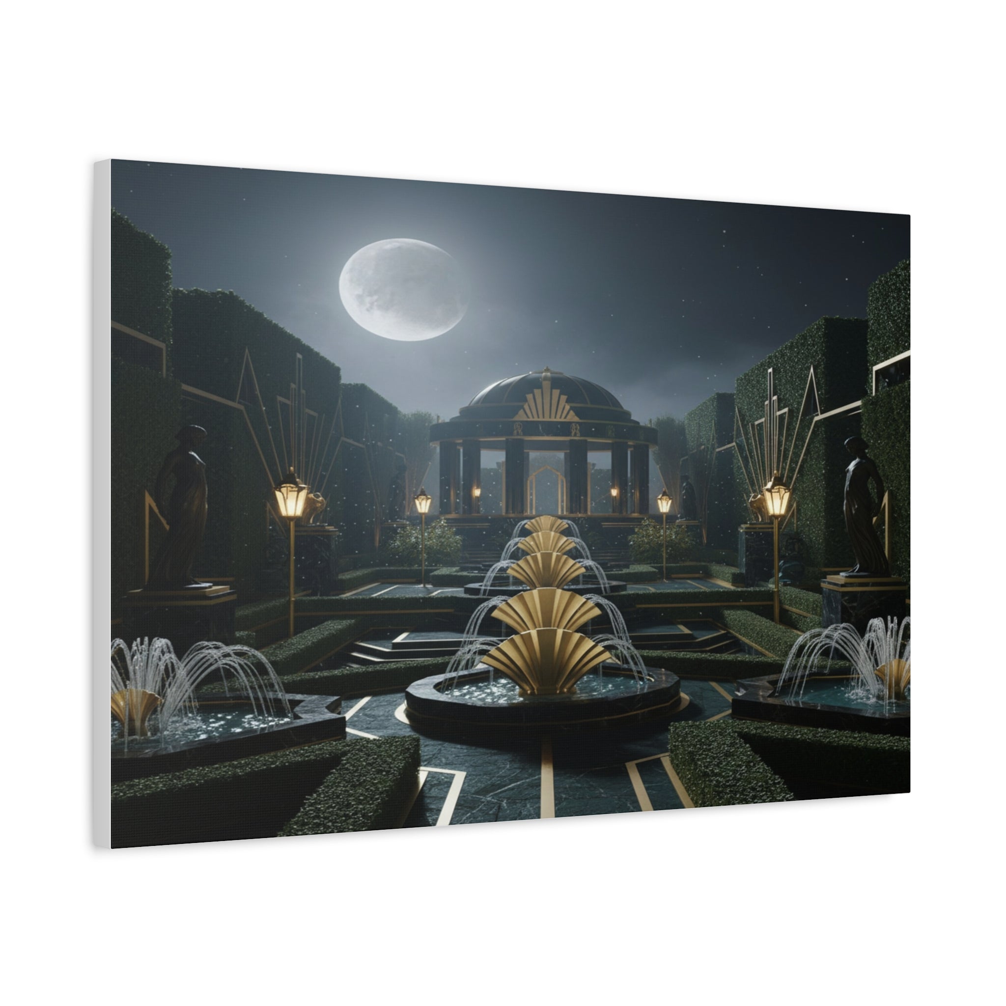 Nocturnal Pavilion: Art Deco Garden Symphony, Moonlit Architectural Dreamscape - L’Art Suprême Canvas