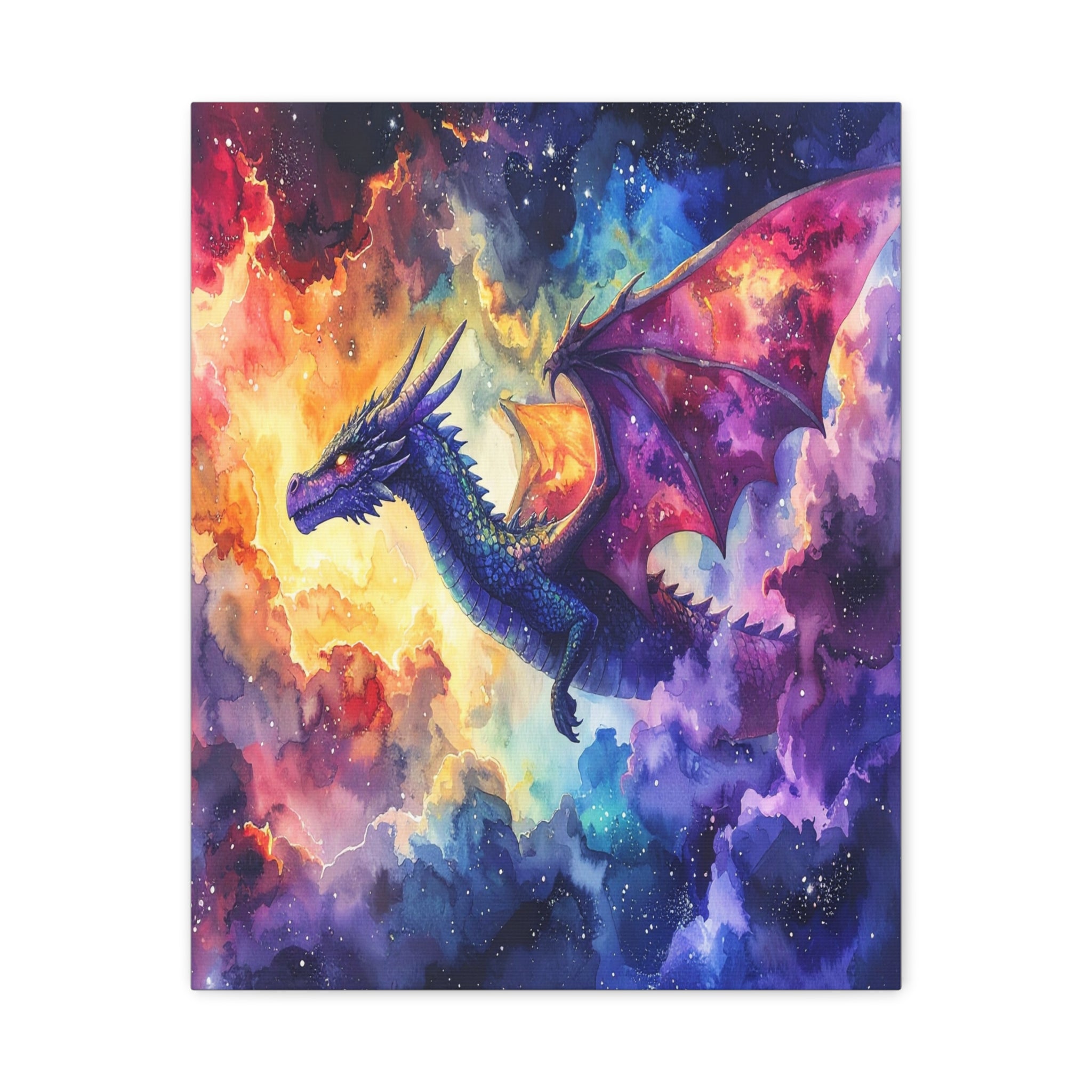 Cosmic Dragons' Ascent: Ethereal Watercolor Fantasy, Celestial Mythical Landscape - L’Art Suprême Canvas
