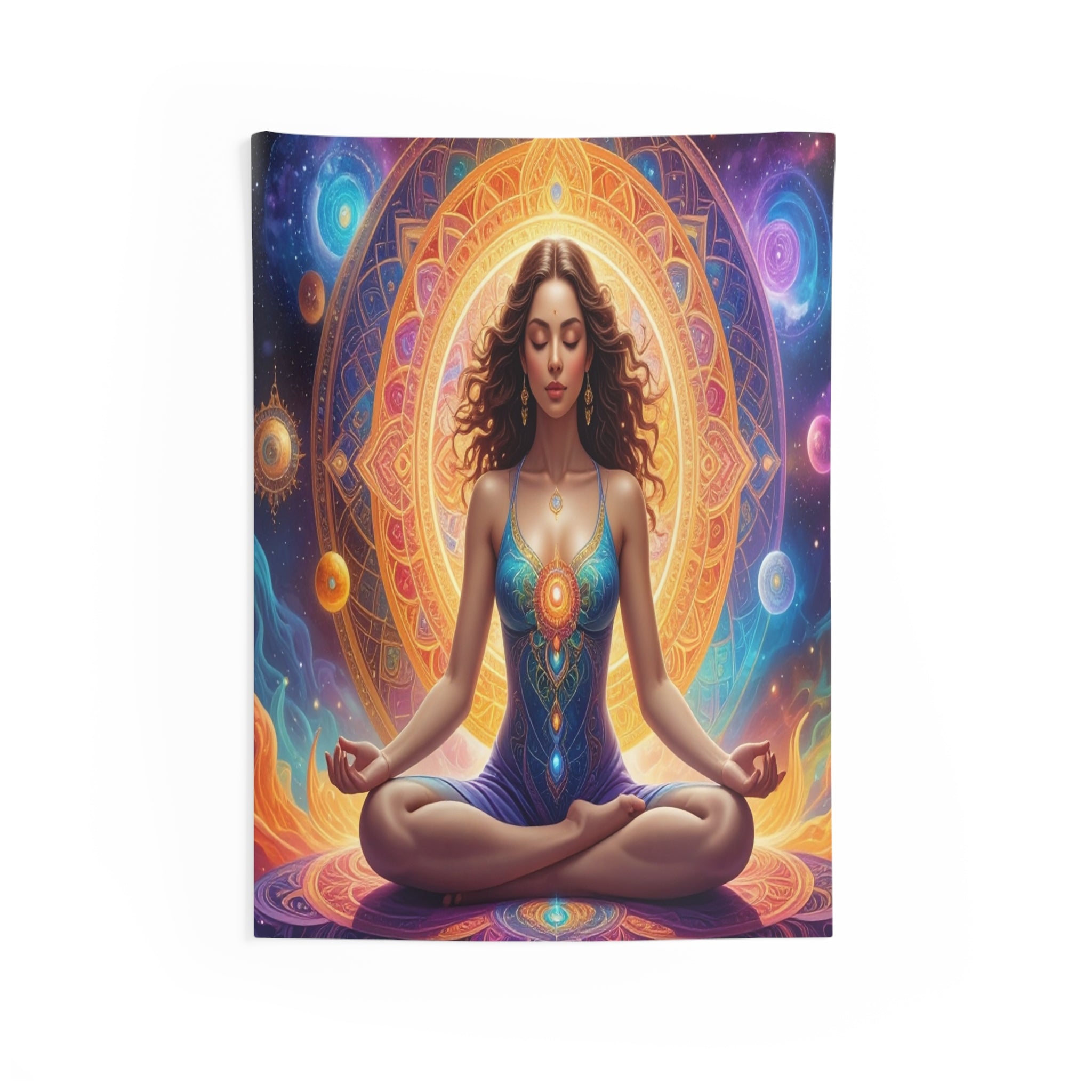 Cosmic Meditation: Ethereal Chakra Mandala, Spiritual Digital Art Transformation - L'Art Tapestry