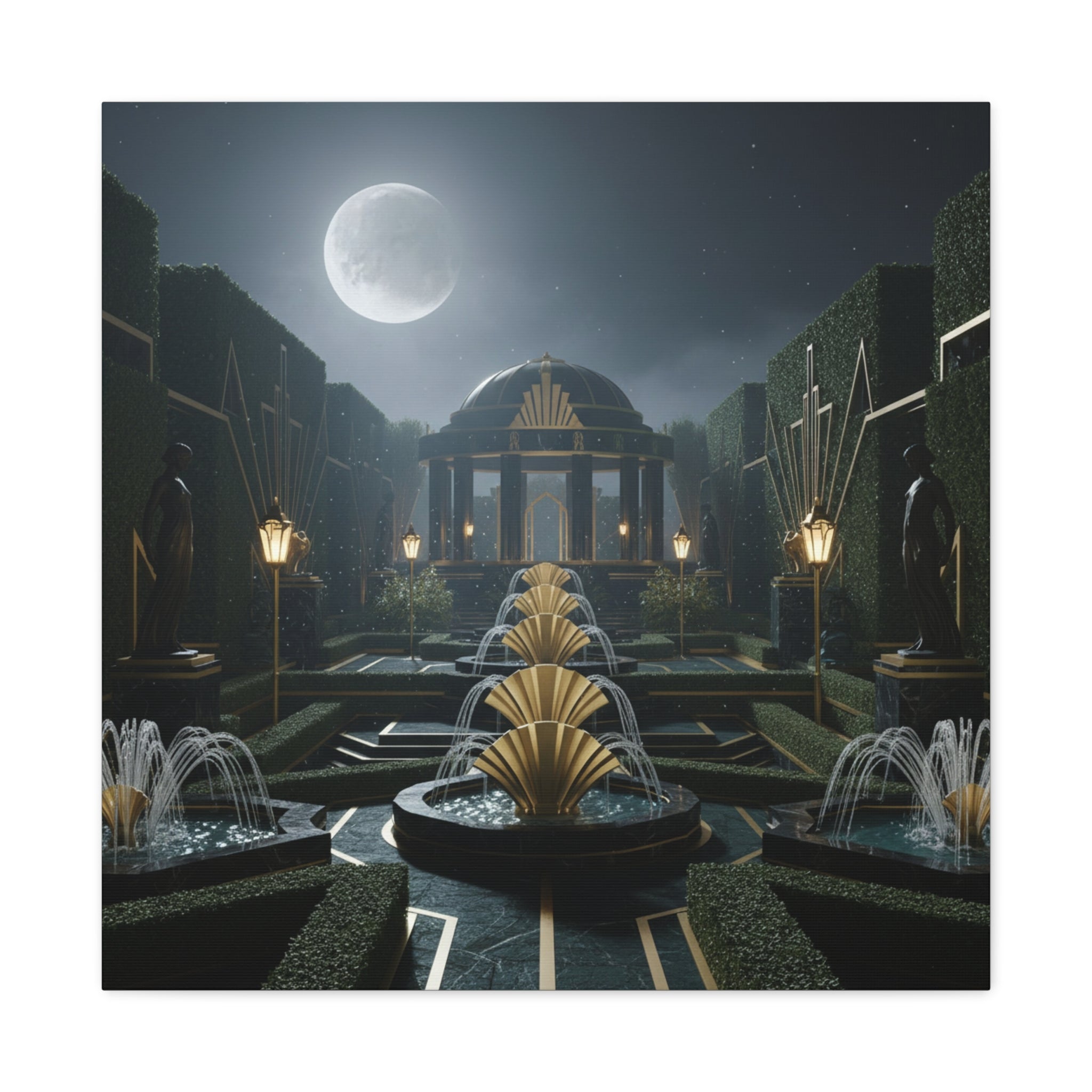 Nocturnal Pavilion: Art Deco Garden Symphony, Moonlit Architectural Dreamscape - L’Art Suprême Canvas