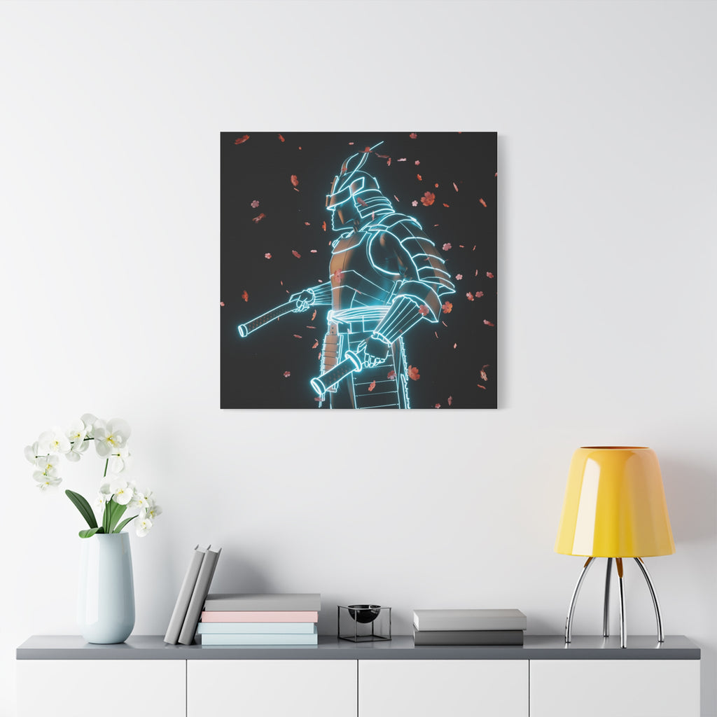 Neon Samurai: Digital Warrior, Cyberpunk Fusion, Glowing Wireframe Armor - L’Art Suprême Canvas
