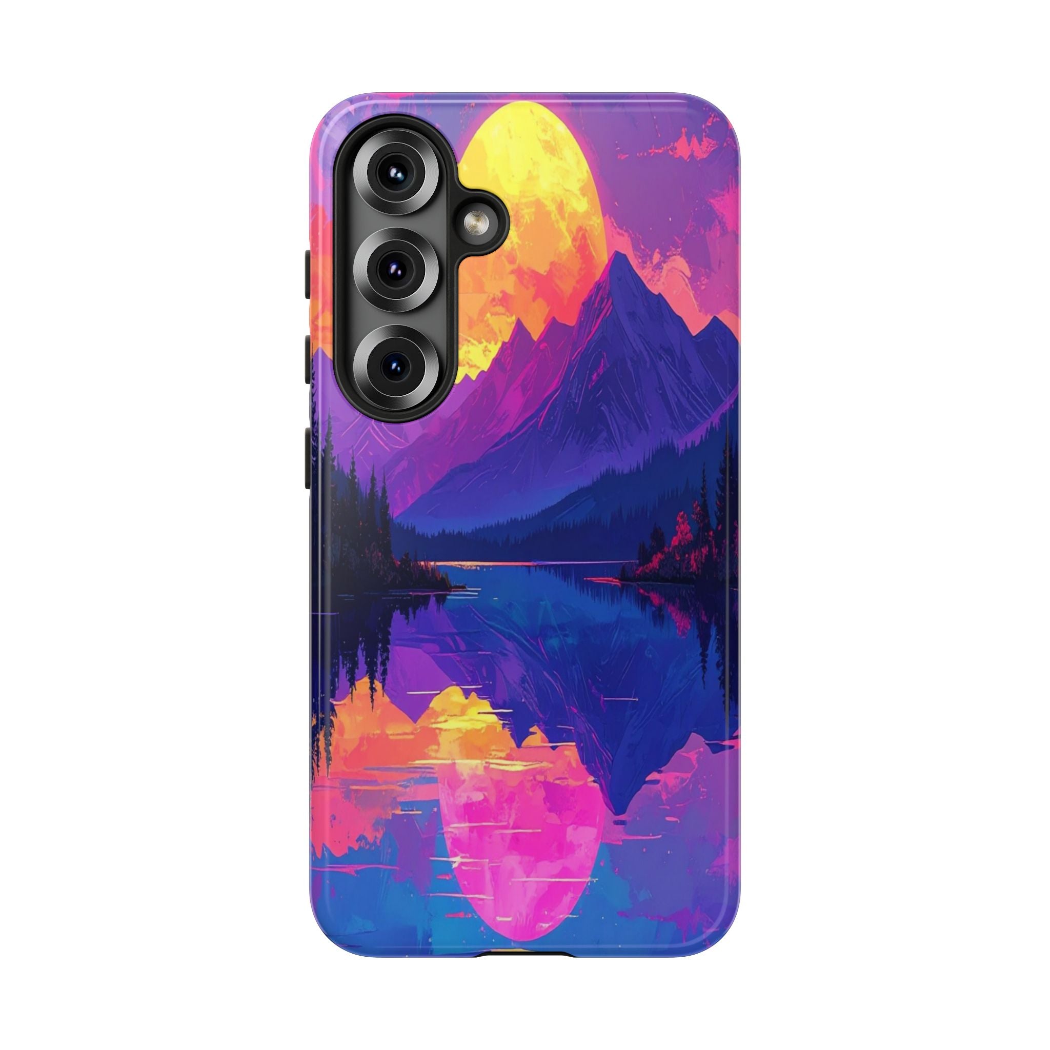 Twilight's Reflective Embrace: Mountain Synthwave Landscape, Digital Sunset Panorama - L’Art Suprême Phone Case