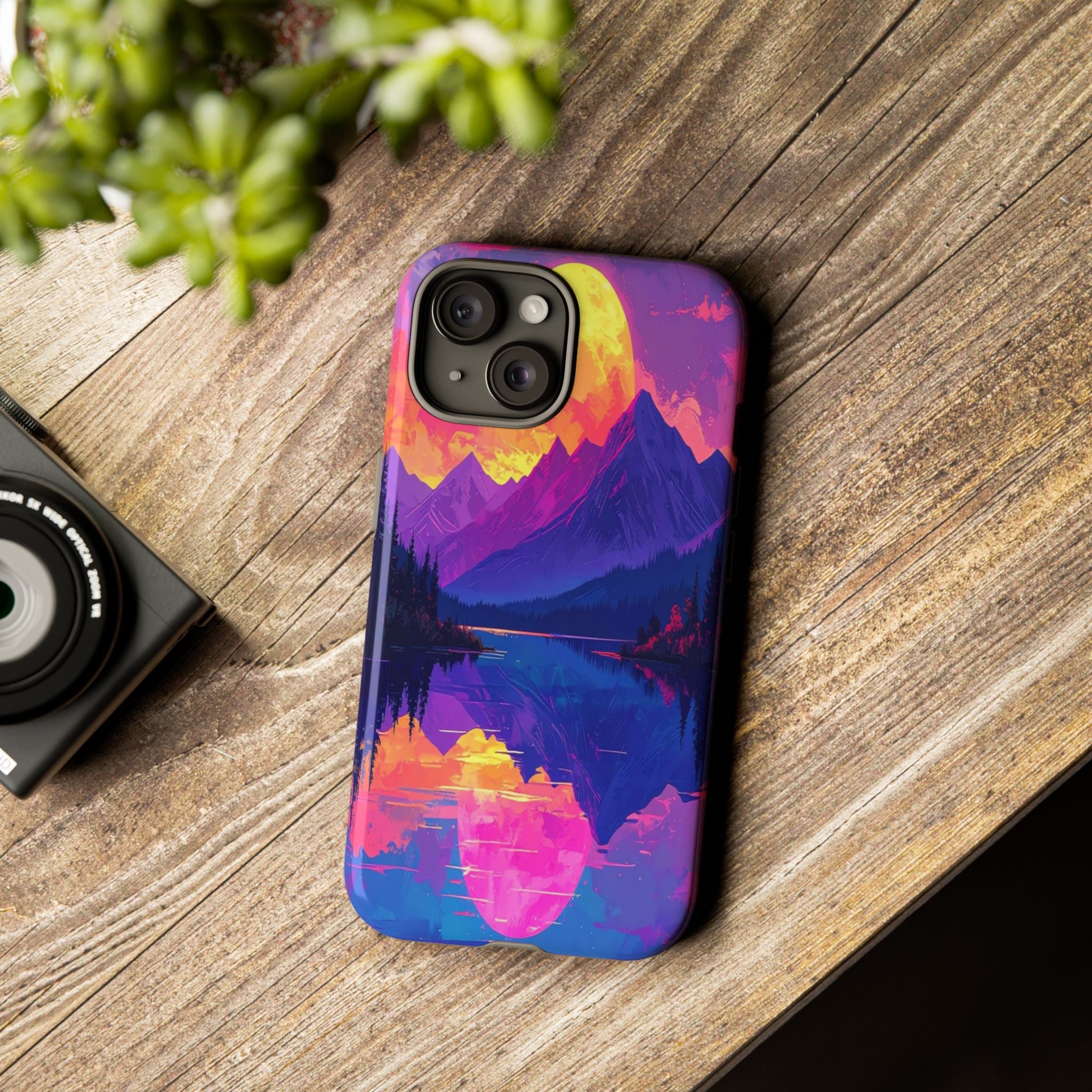 Twilight's Reflective Embrace: Mountain Synthwave Landscape, Digital Sunset Panorama - L’Art Suprême Phone Case