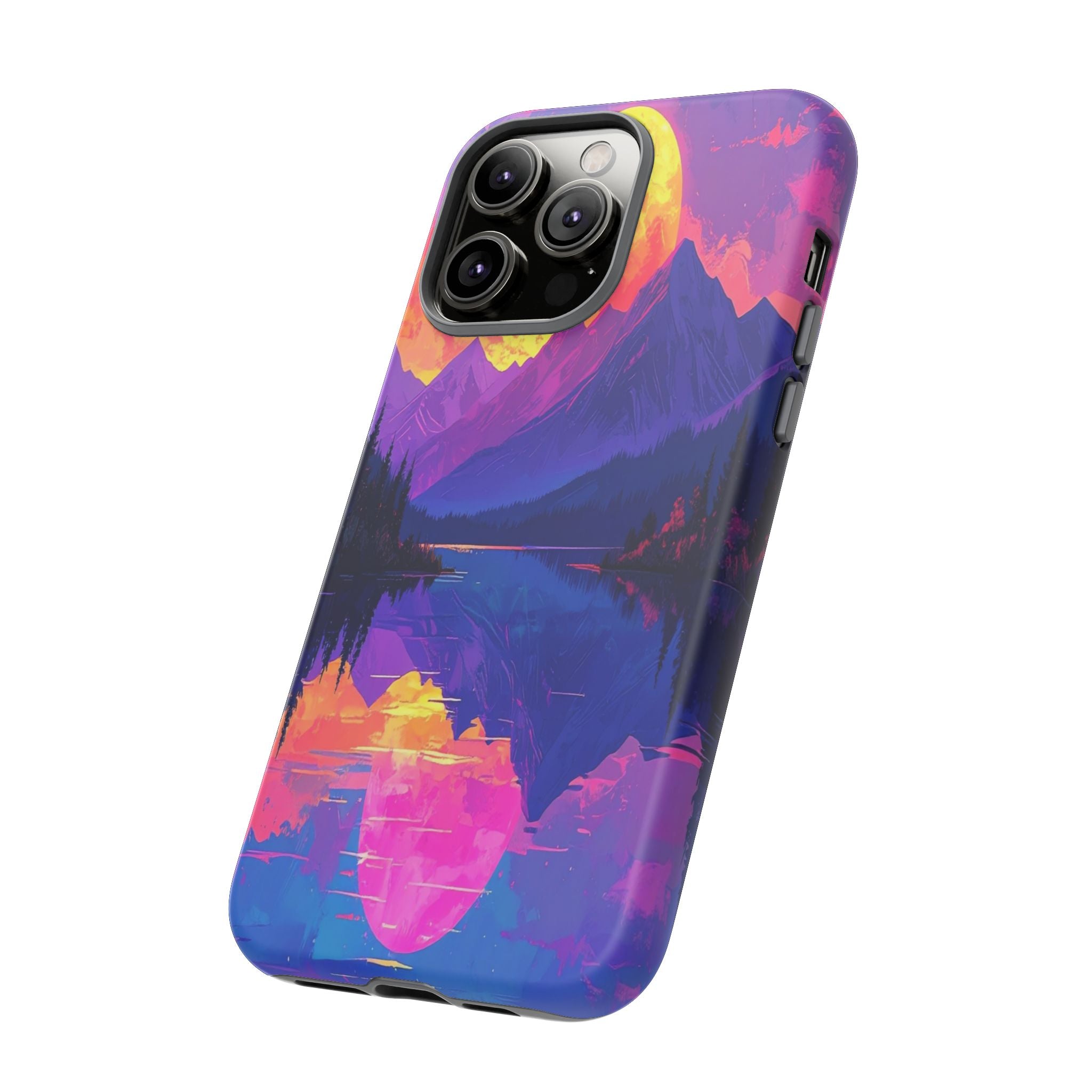 Twilight's Reflective Embrace: Mountain Synthwave Landscape, Digital Sunset Panorama - L’Art Suprême Phone Case